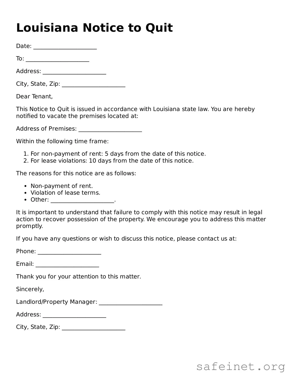 Valid Notice to Quit Template for the State of Louisiana