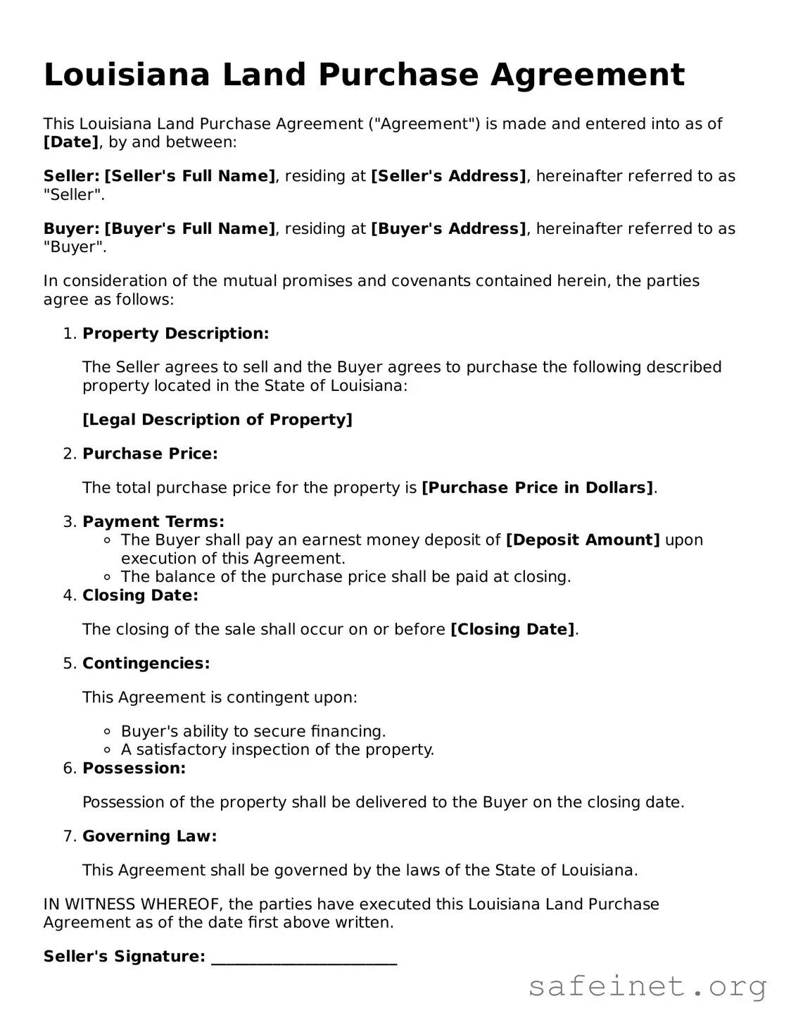 Valid Land Purchase Agreement Template for the State of Louisiana