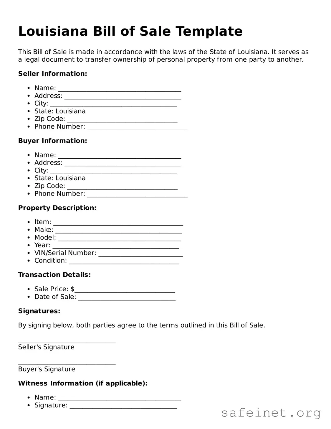 Valid Bill of Sale Template for the State of Louisiana