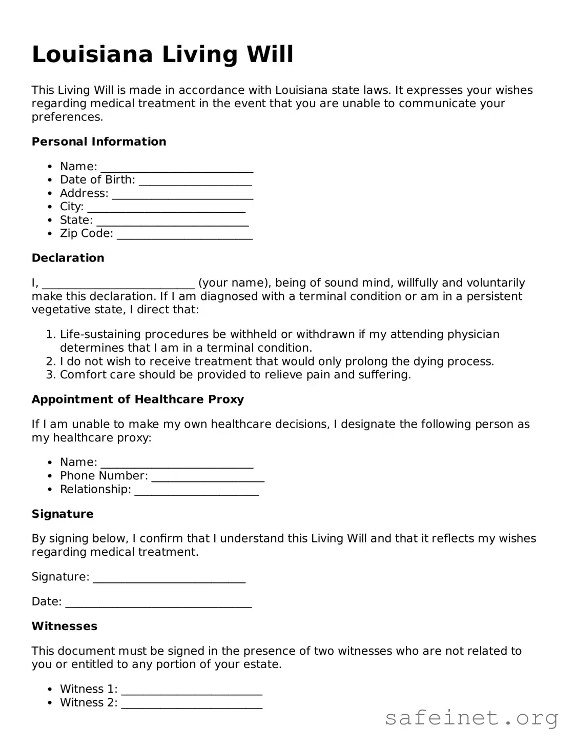 Valid Living Will Template for the State of Louisiana