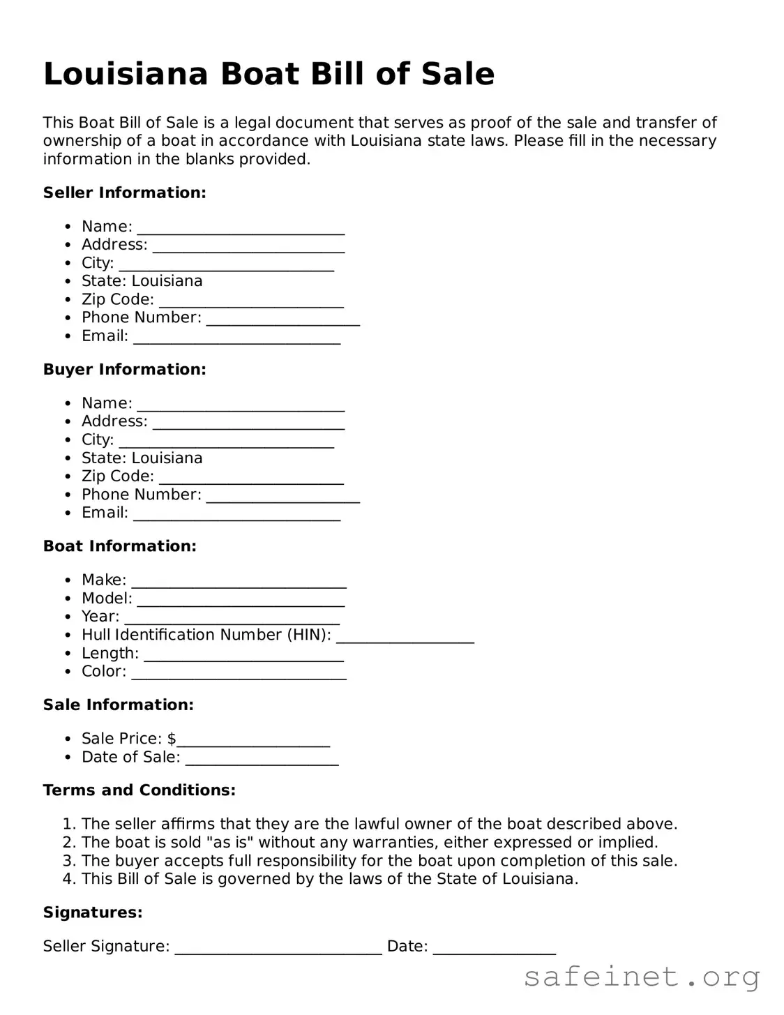 Valid Boat Bill of Sale Template for the State of Louisiana
