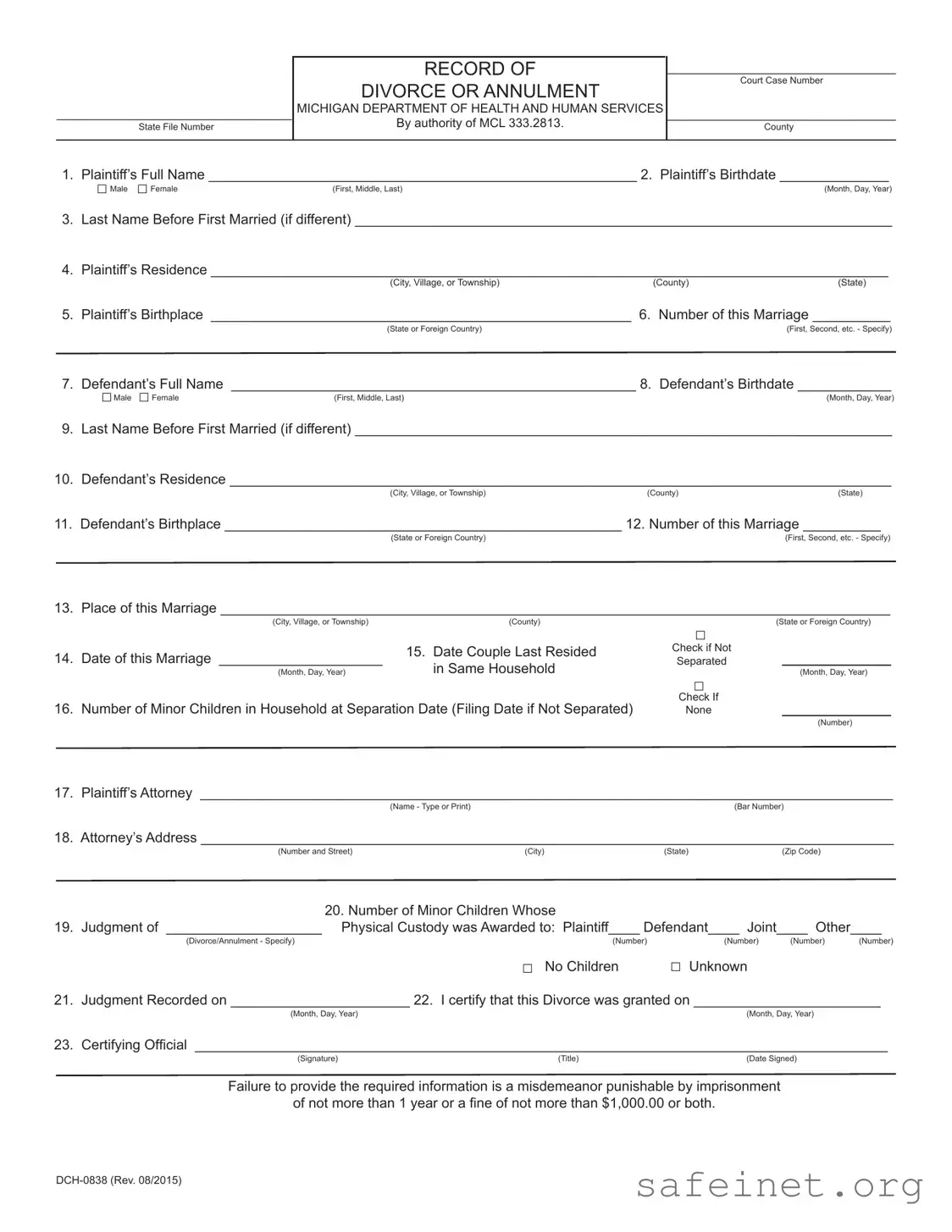 Blank Michigan Dch 0838 Template