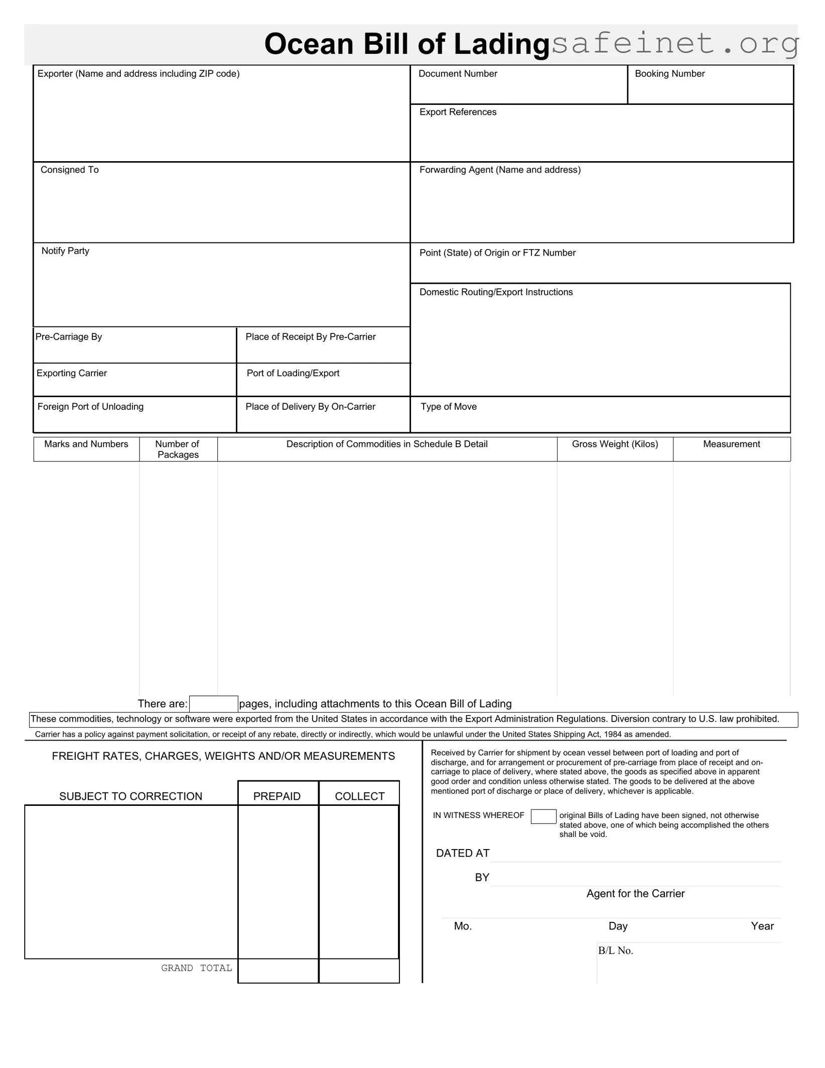 Blank Sample Ocean Bill Of Lading Template