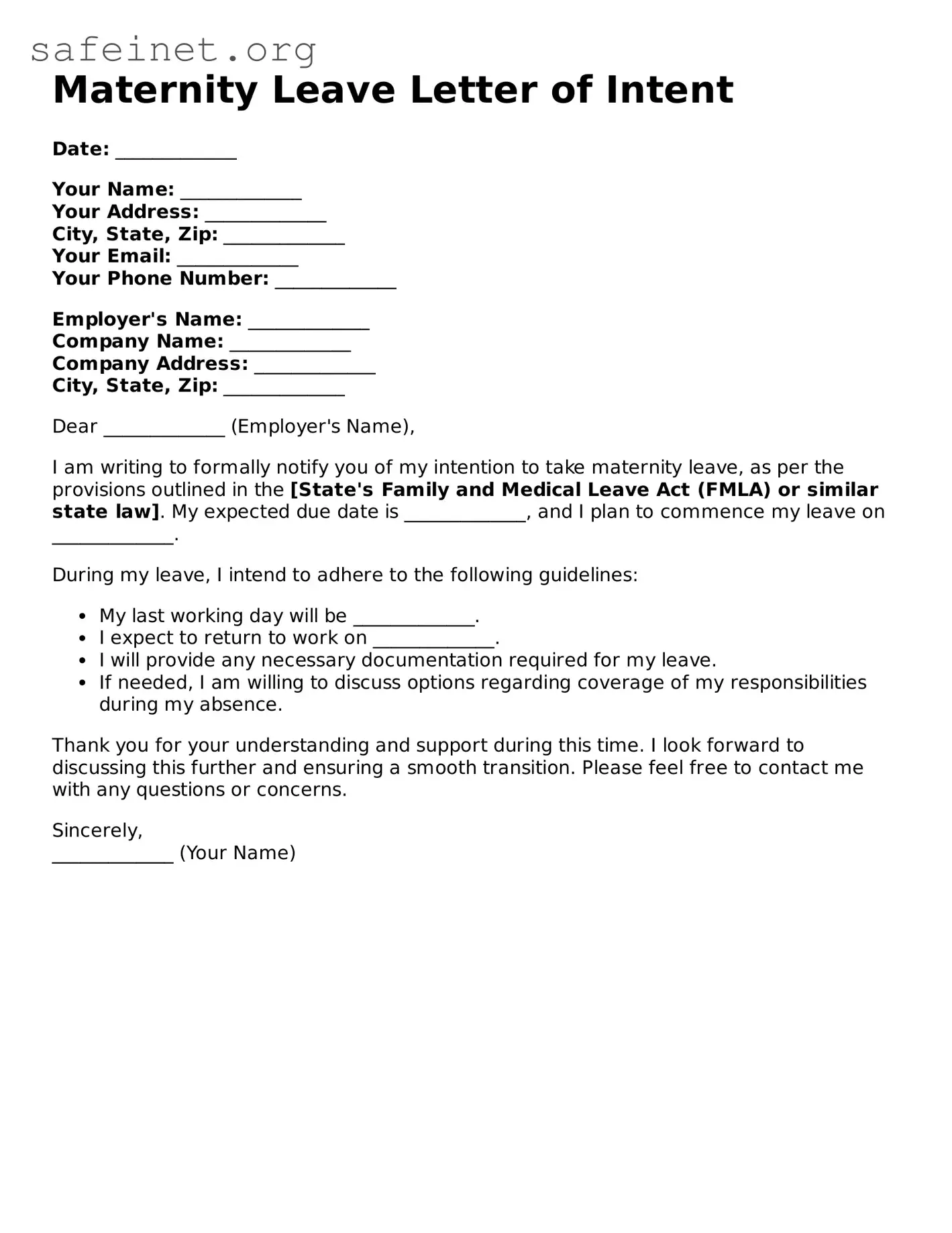 Official Maternity Leave Letter of Intent Document