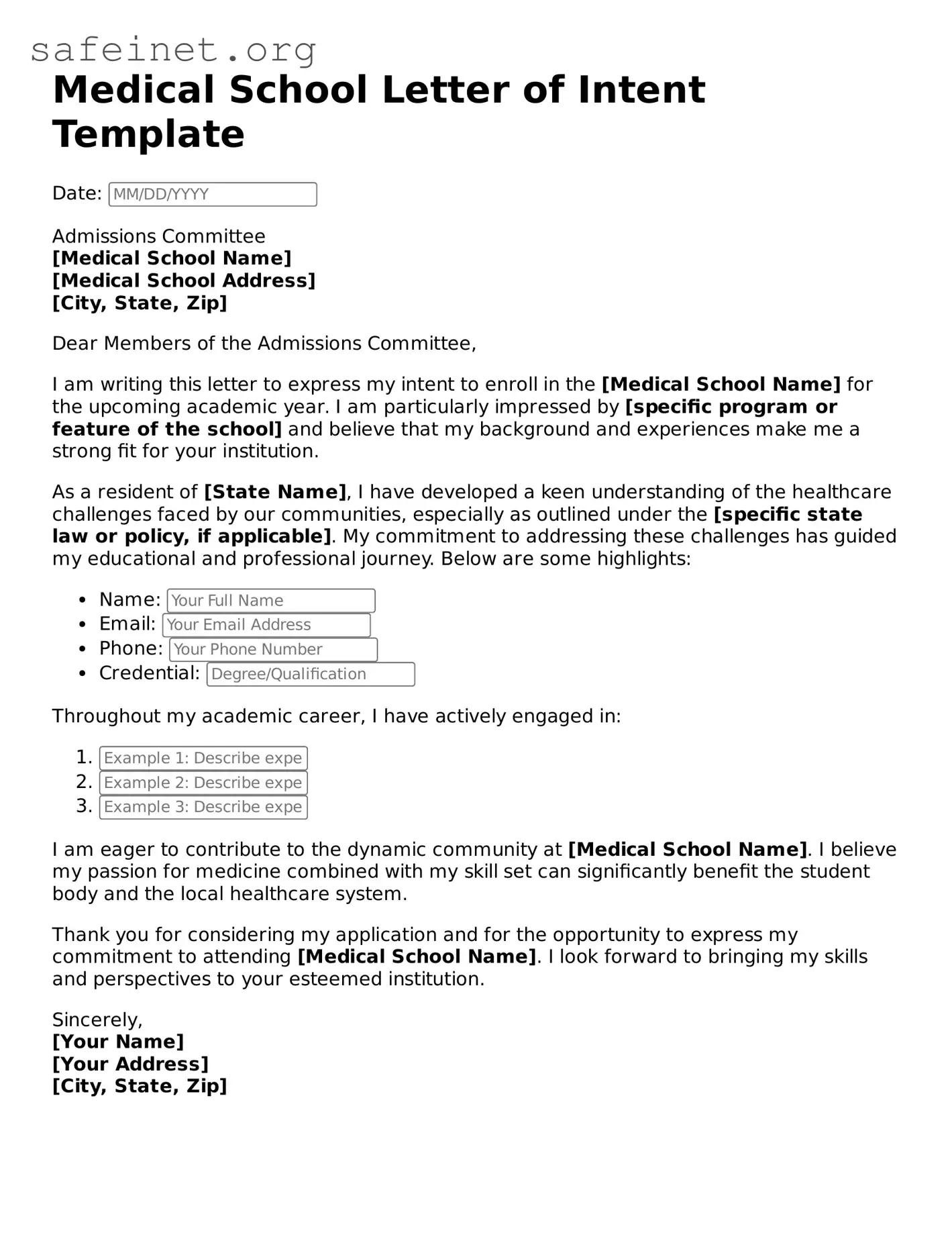 Official Medical School Letter of Intent Document
