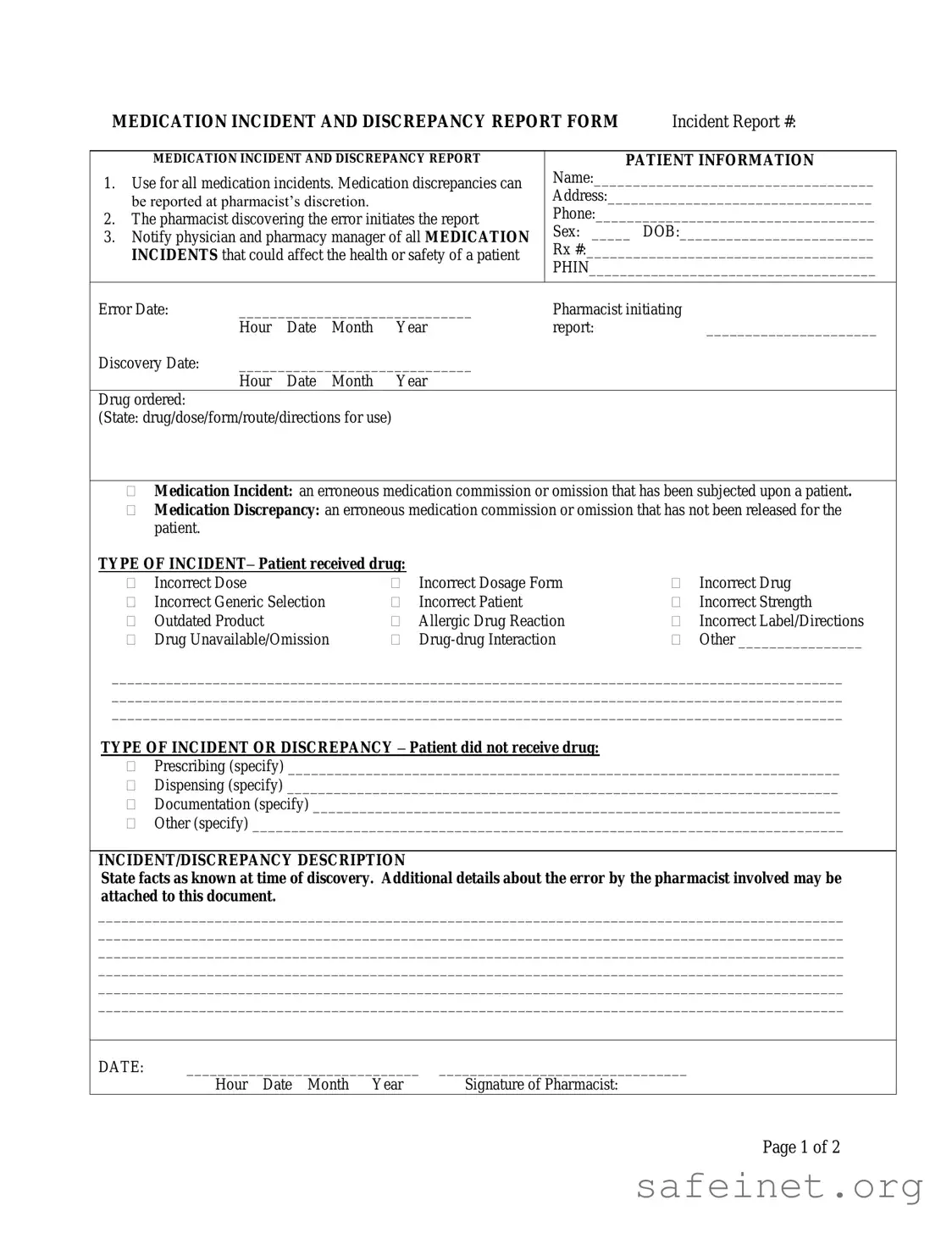 Blank Medication Error Template