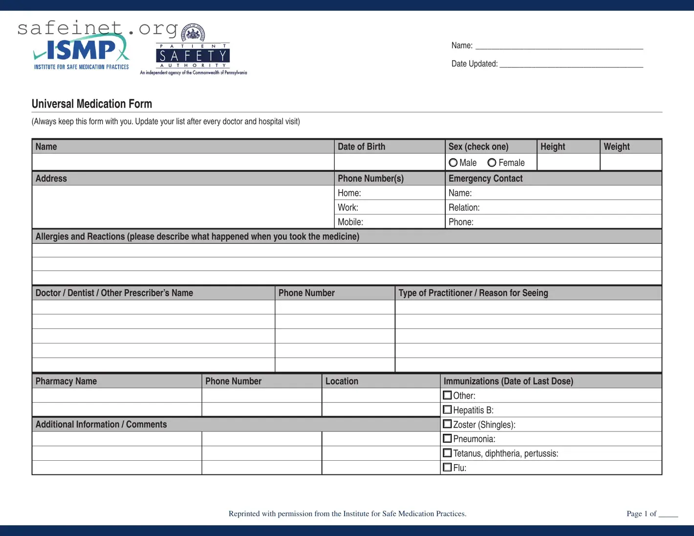 Blank Medication Template