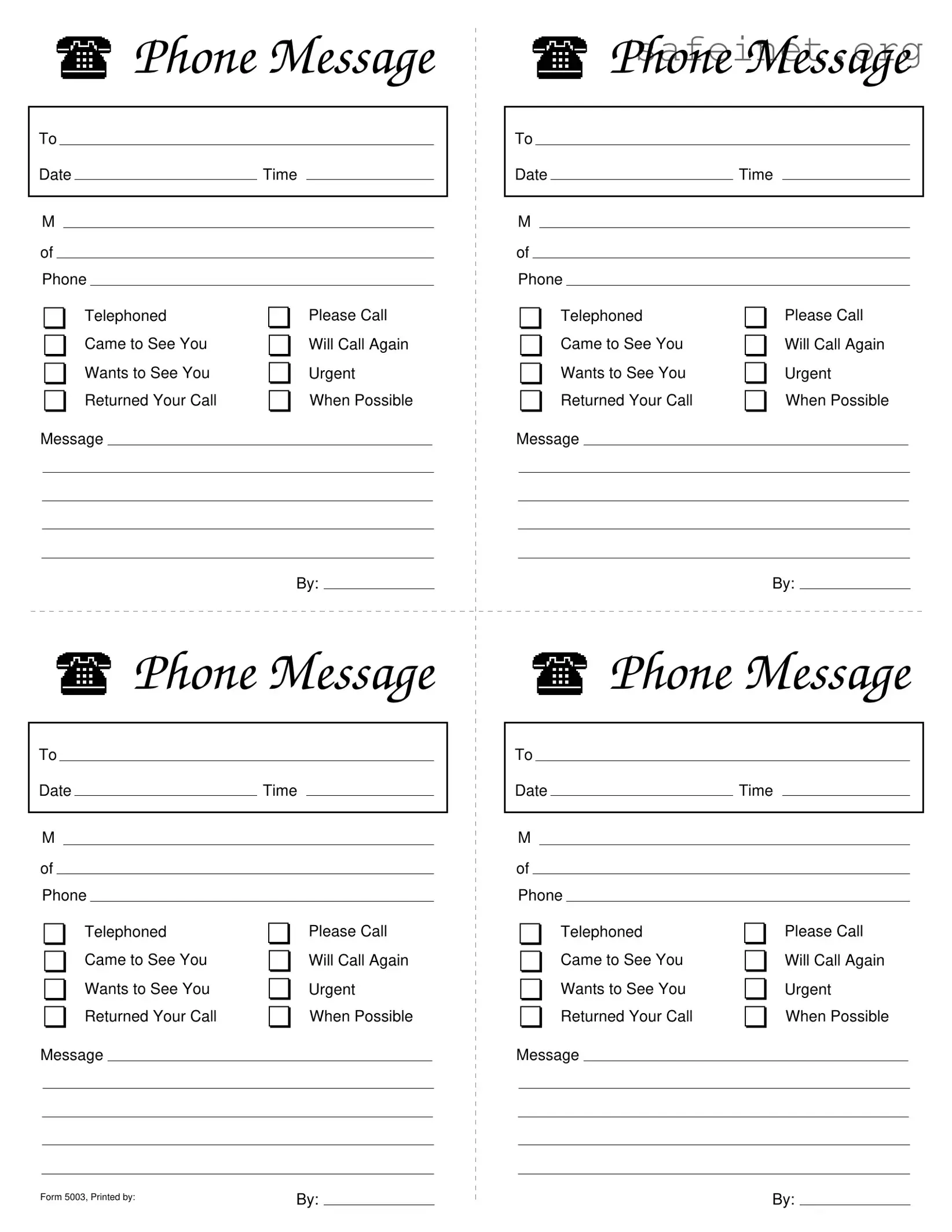 Blank Phone Message Slips Template