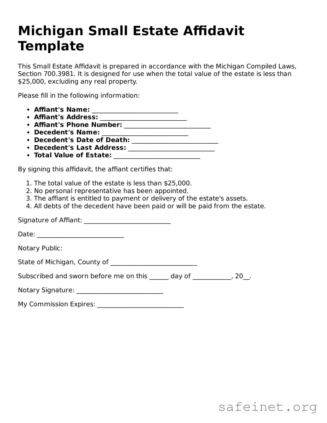 Valid Small Estate Affidavit Template for the State of Michigan