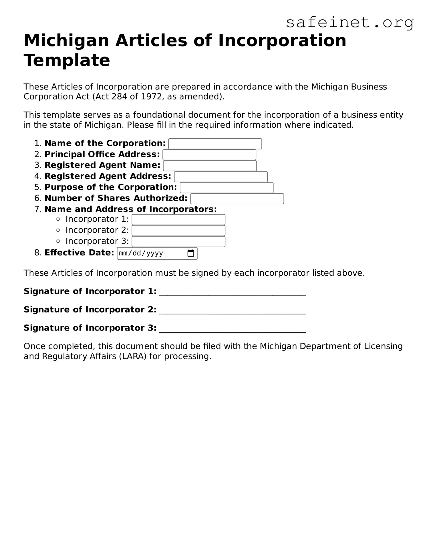 Valid Articles of Incorporation Template for the State of Michigan