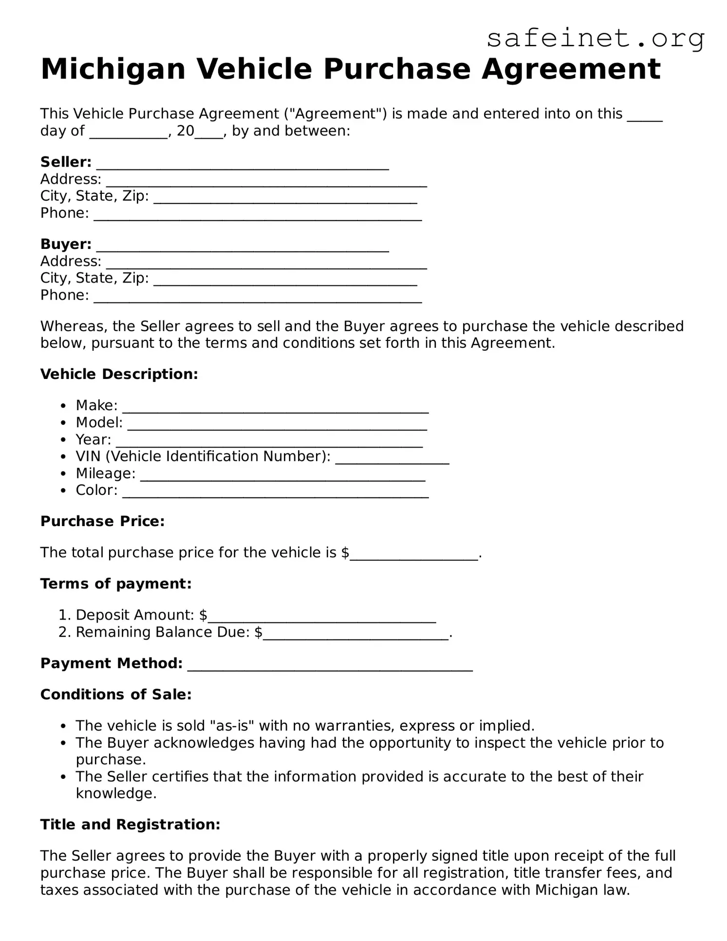 Valid Vehicle Purchase Agreement Template for the State of Michigan