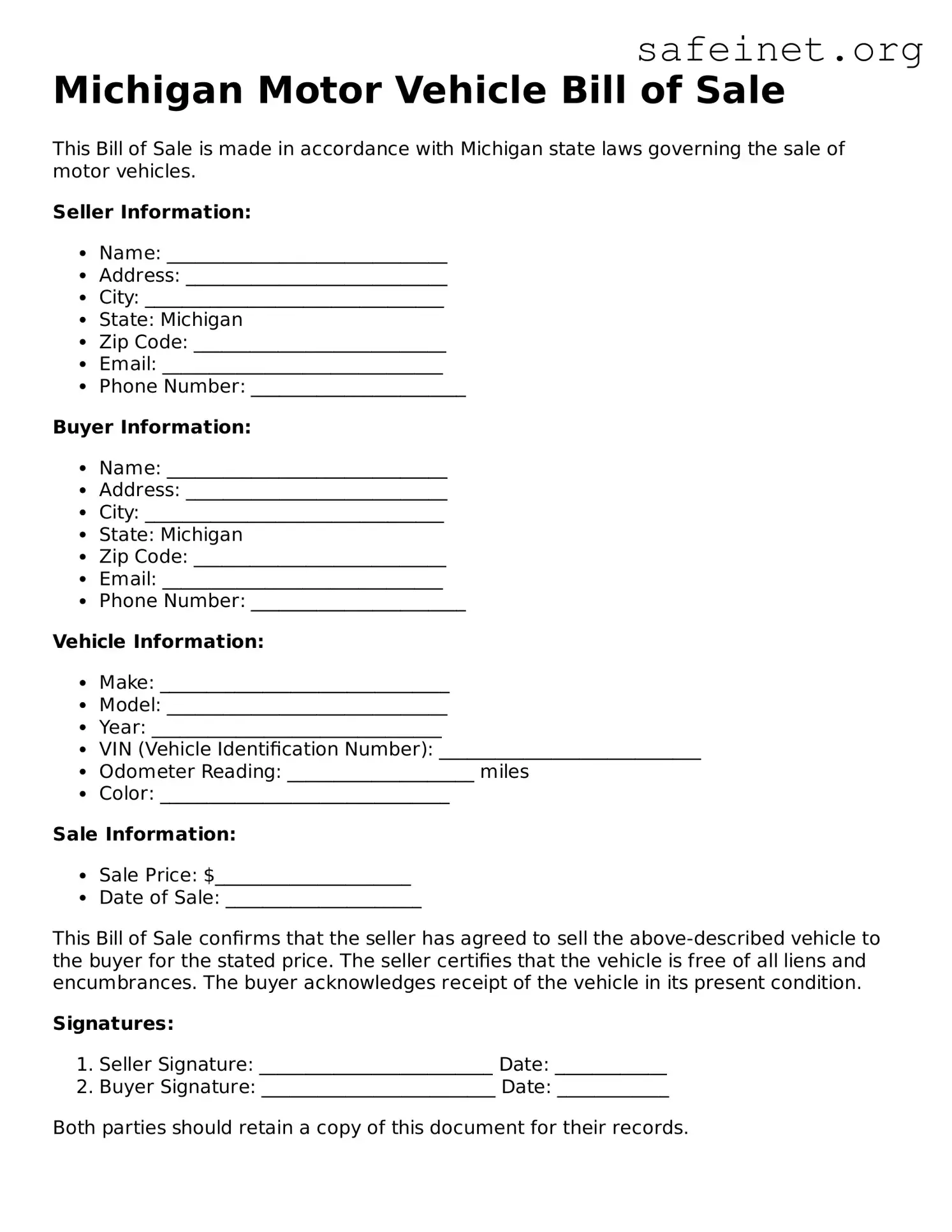 Valid Motor Vehicle Bill of Sale Template for the State of Michigan