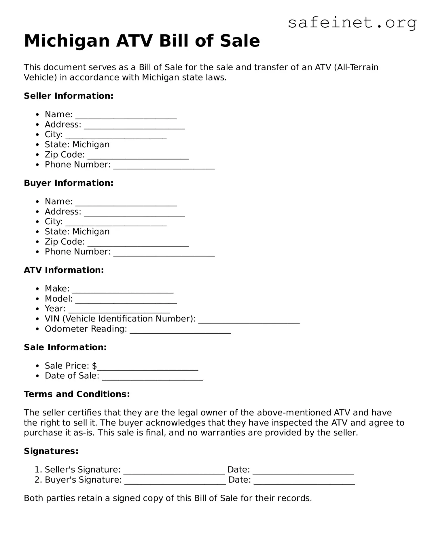 Valid ATV Bill of Sale Template for the State of Michigan