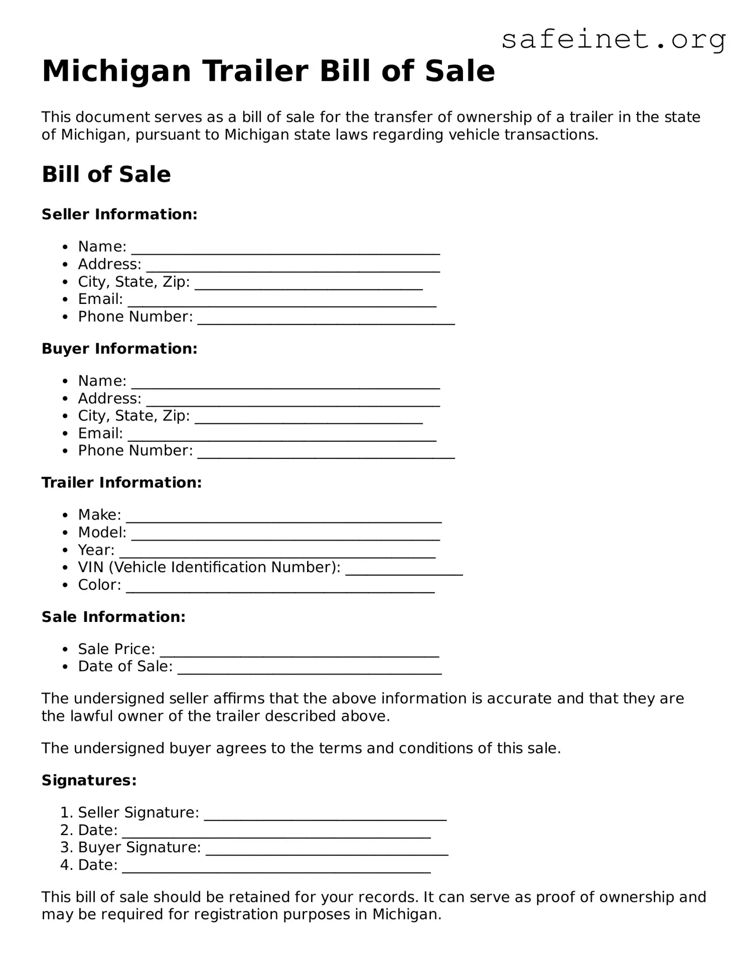 Valid Trailer Bill of Sale Template for the State of Michigan