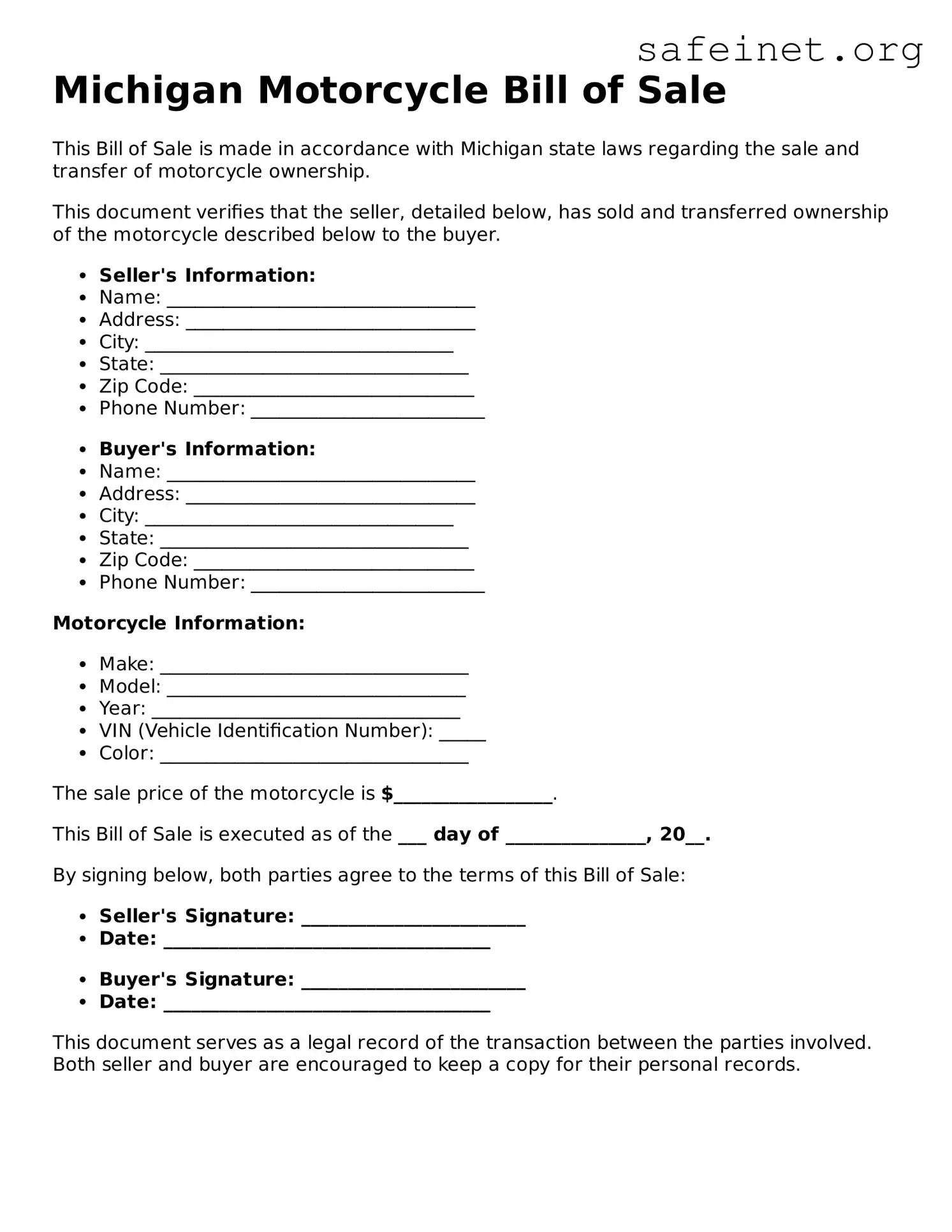 Valid Motorcycle Bill of Sale Template for the State of Michigan