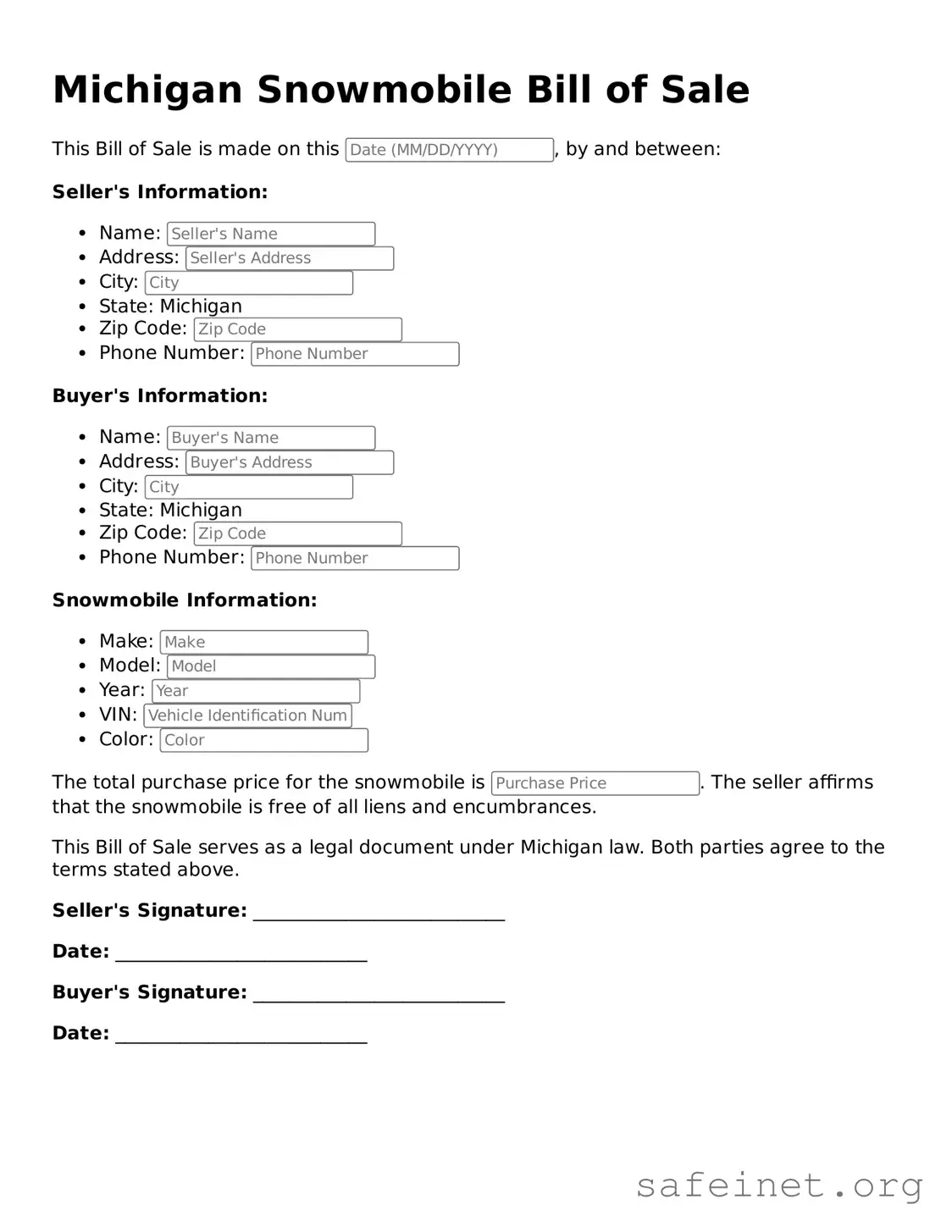 Valid Snowmobile Bill of Sale Template for the State of Michigan
