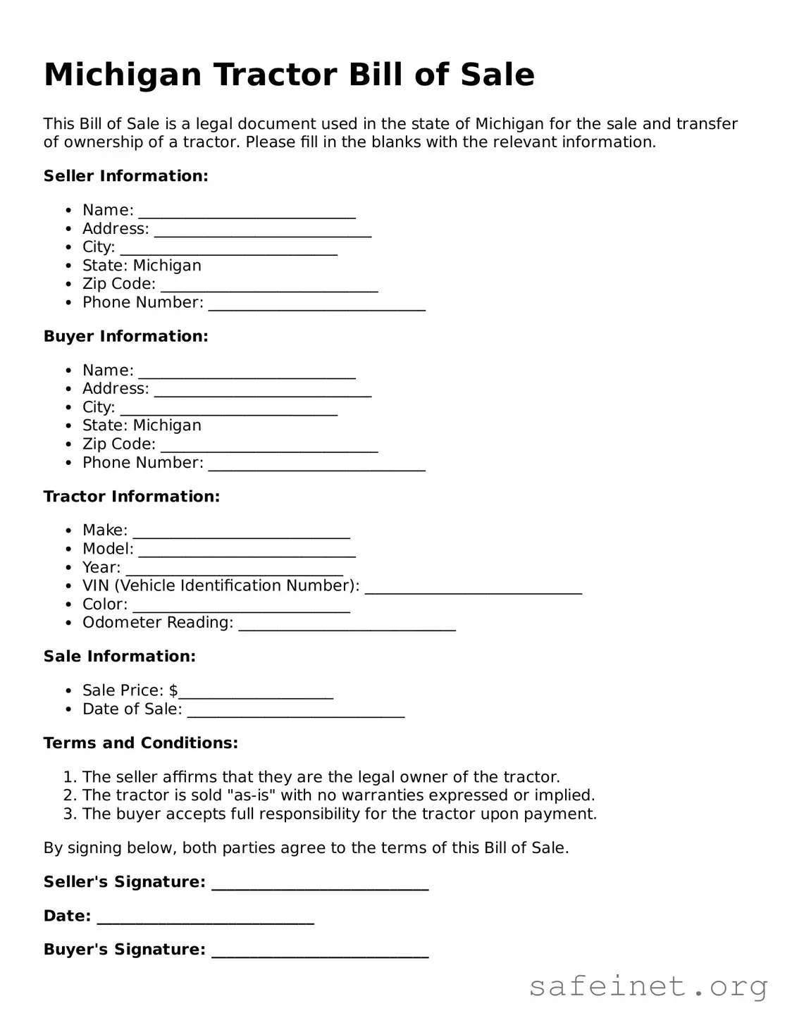 Valid Tractor Bill of Sale Template for the State of Michigan