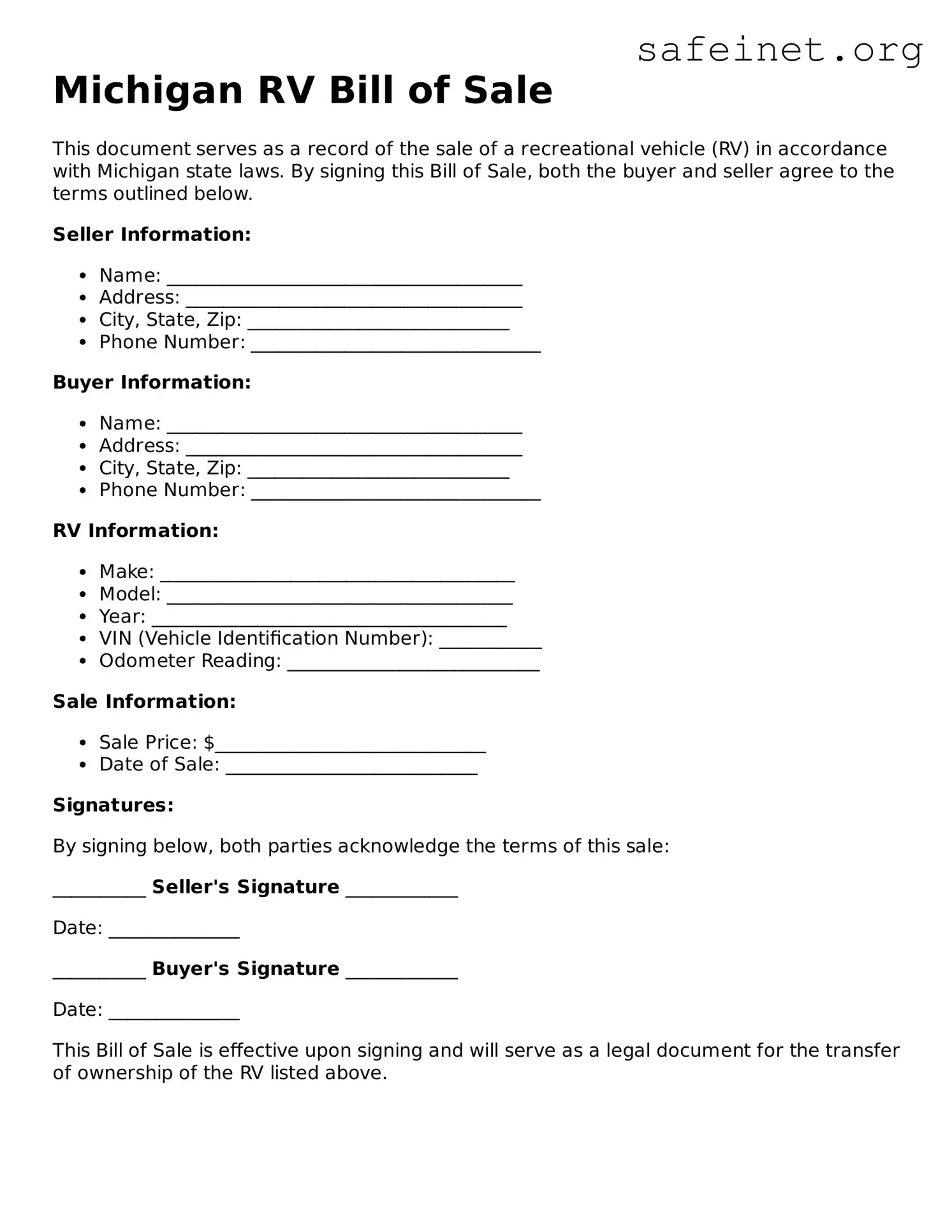 Valid RV Bill of Sale Template for the State of Michigan