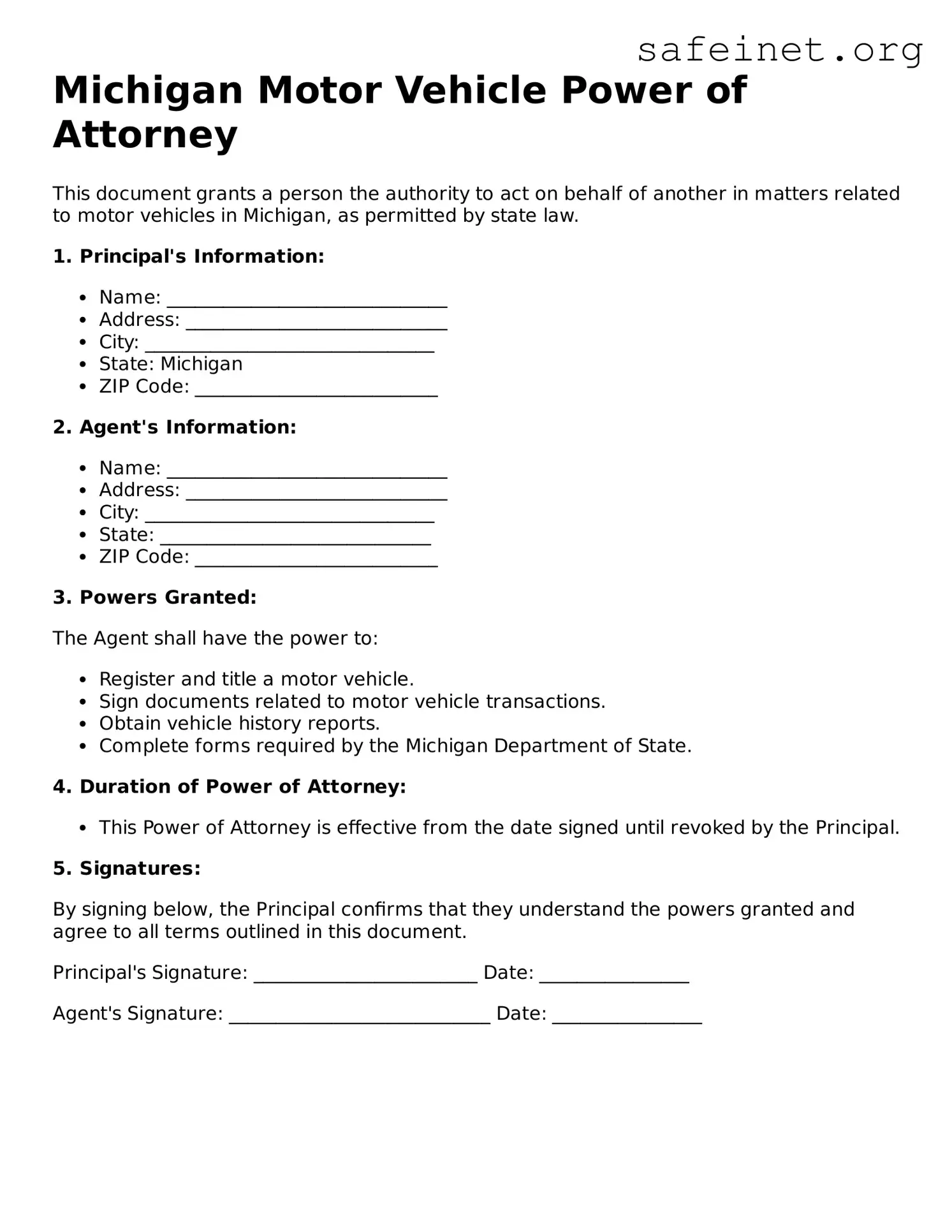 Valid Motor Vehicle Power of Attorney Template for the State of Michigan