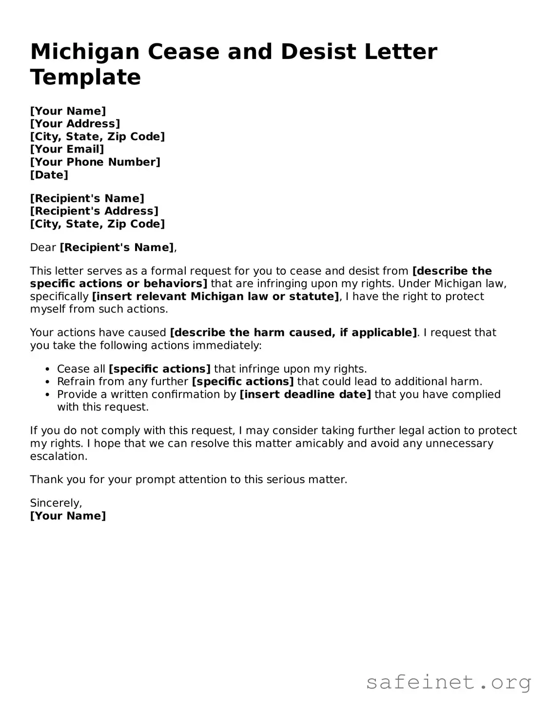 Valid Cease and Desist Letter Template for the State of Michigan
