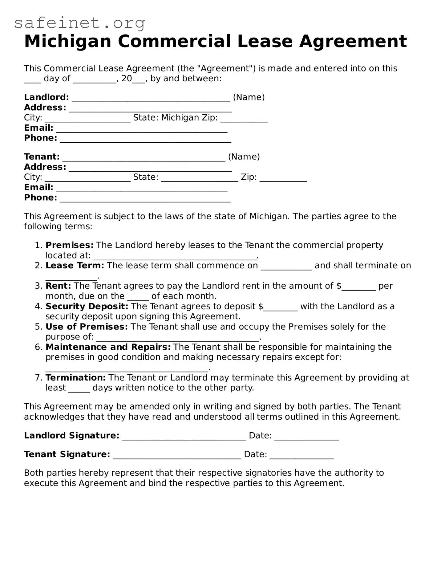 Valid Commercial Lease Agreement Template for the State of Michigan
