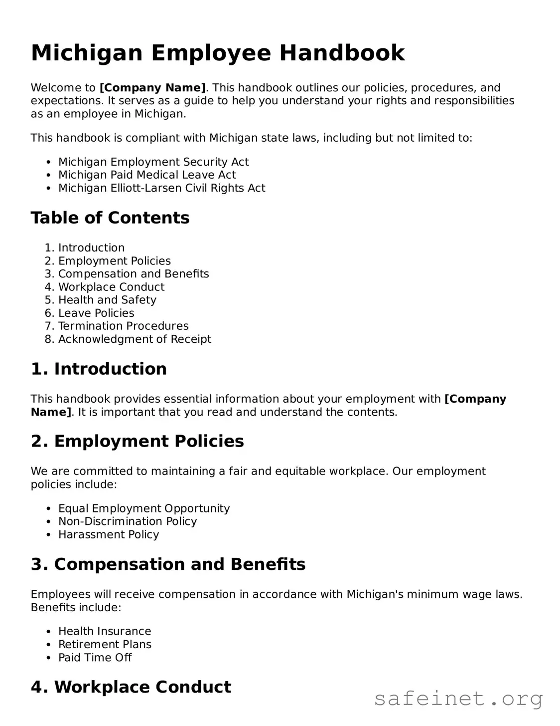 Valid Employee Handbook Template for the State of Michigan