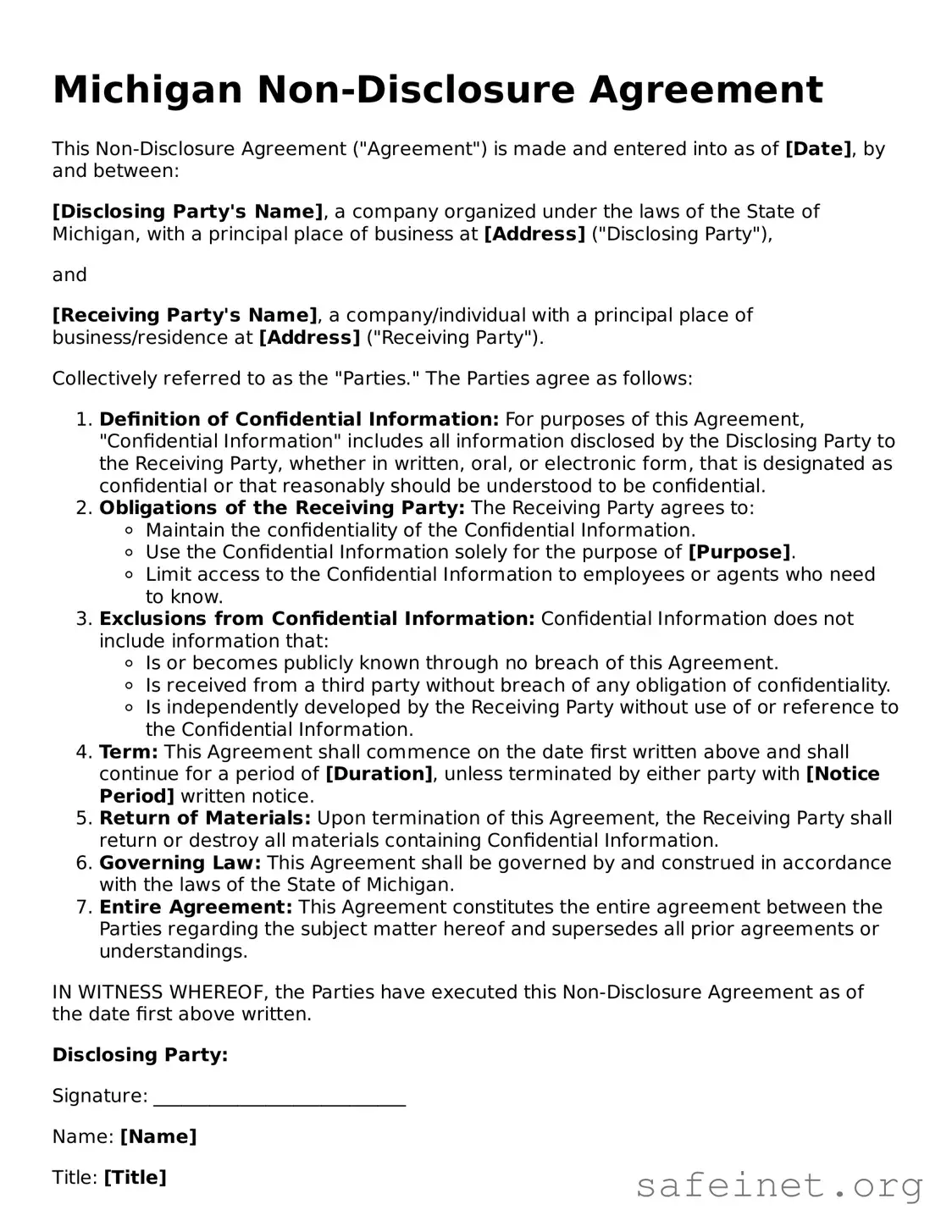 Valid Non-disclosure Agreement Template for the State of Michigan