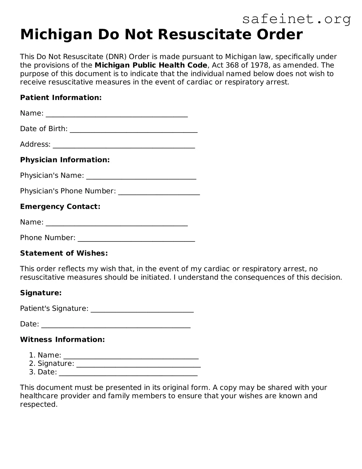 Valid Do Not Resuscitate Order Template for the State of Michigan