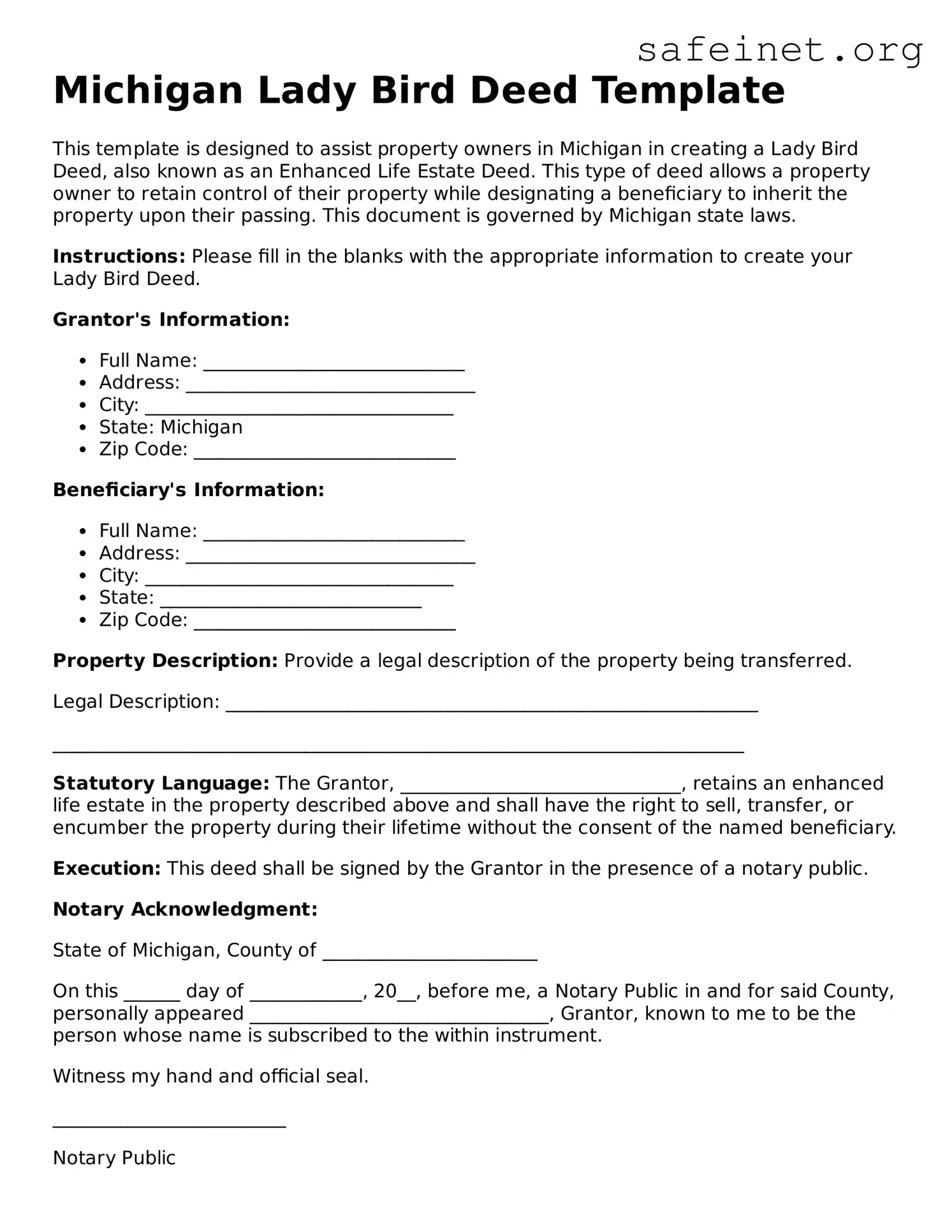 Valid Lady Bird Deed Template for the State of Michigan