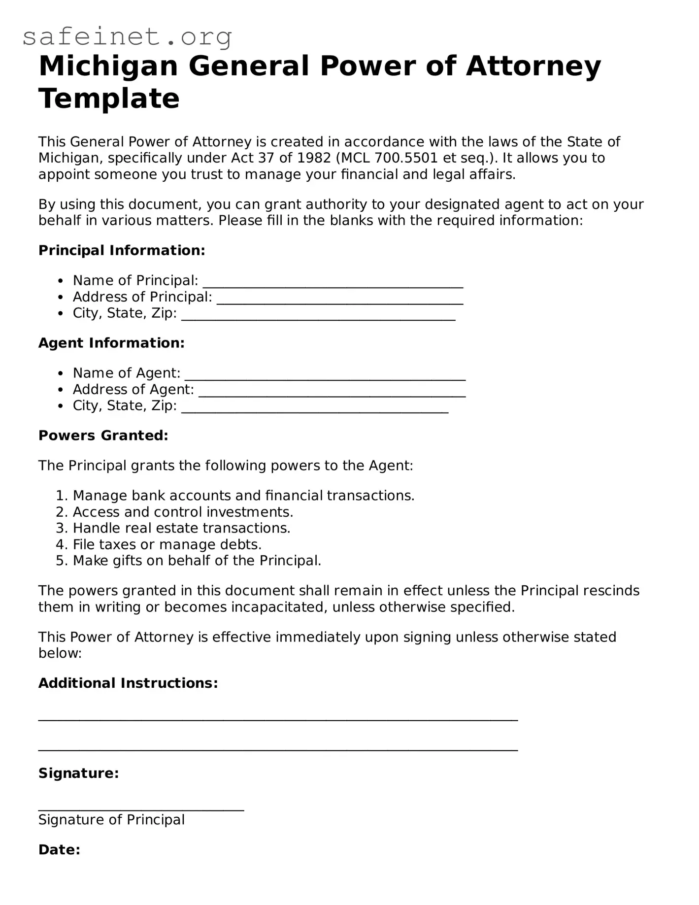 Valid General Power of Attorney Template for the State of Michigan