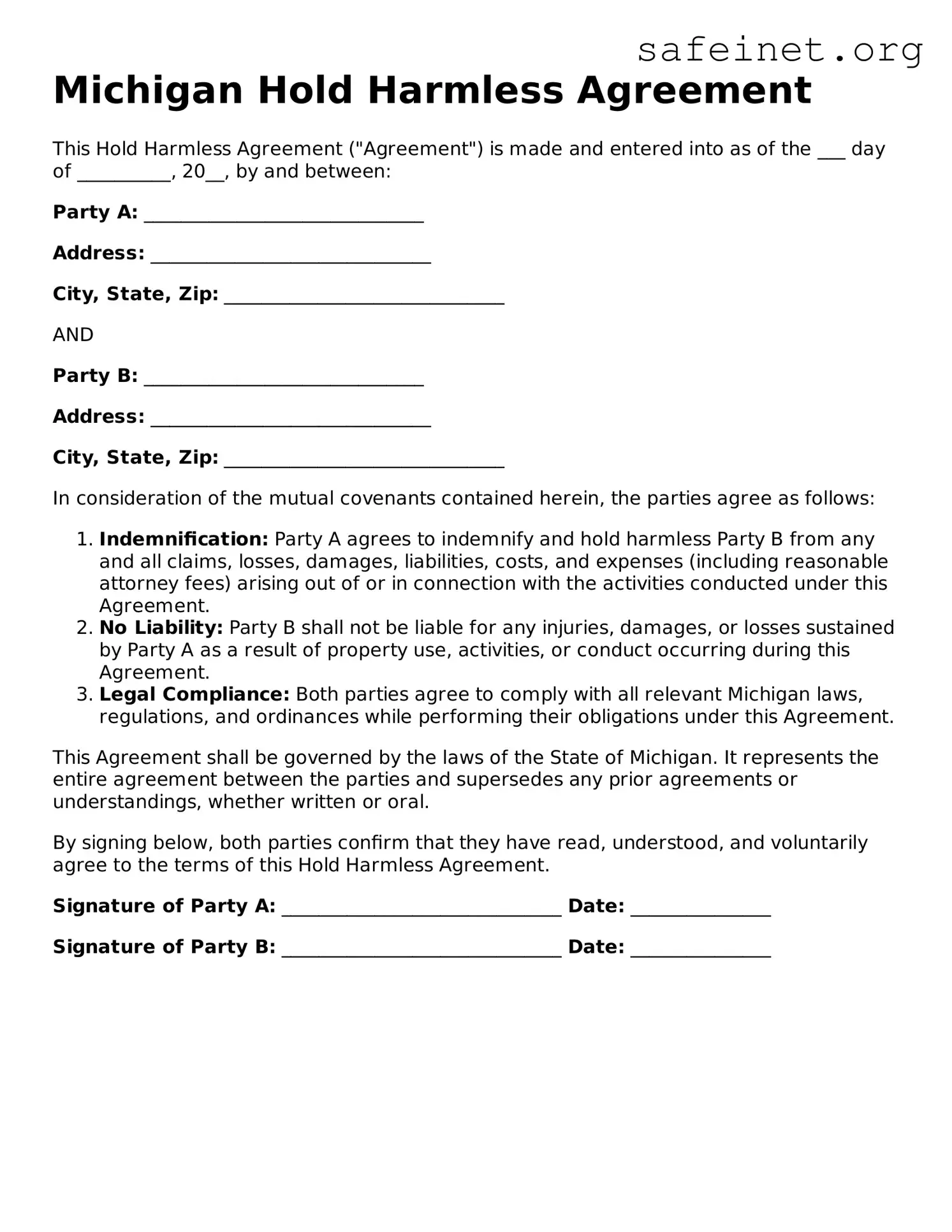 Valid Hold Harmless Agreement Template for the State of Michigan