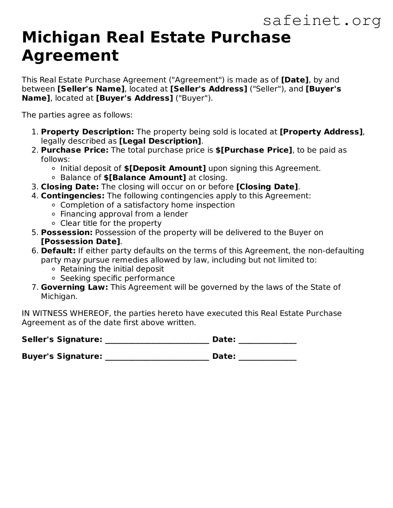 Valid Real Estate Purchase Agreement Template for the State of Michigan