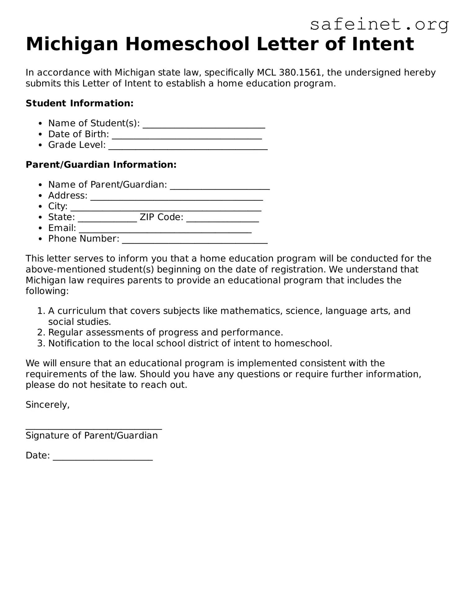 Valid Homeschool Letter of Intent Template for the State of Michigan