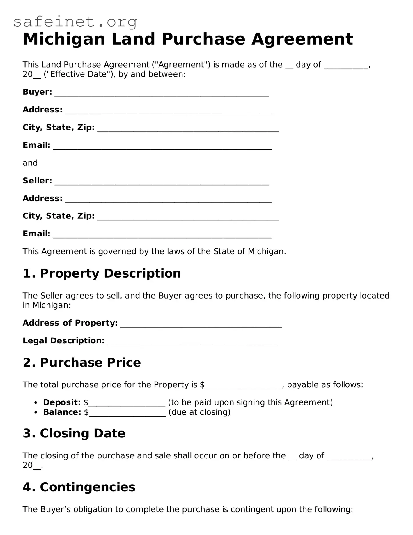 Valid Land Purchase Agreement Template for the State of Michigan