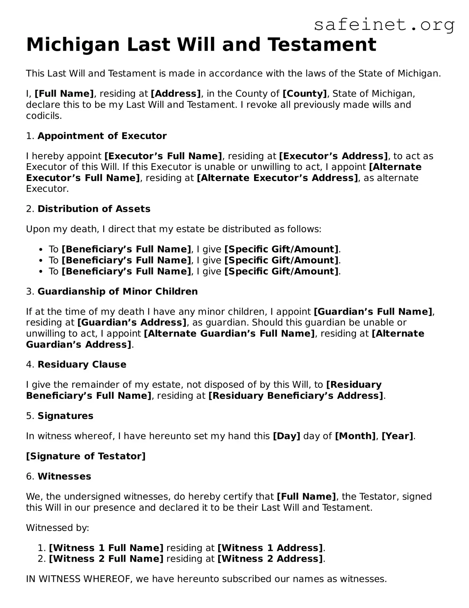 Valid Last Will and Testament Template for the State of Michigan