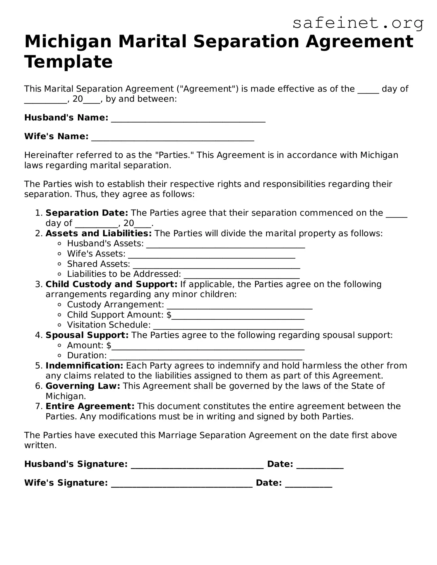 Valid Marital Separation Agreement Template for the State of Michigan
