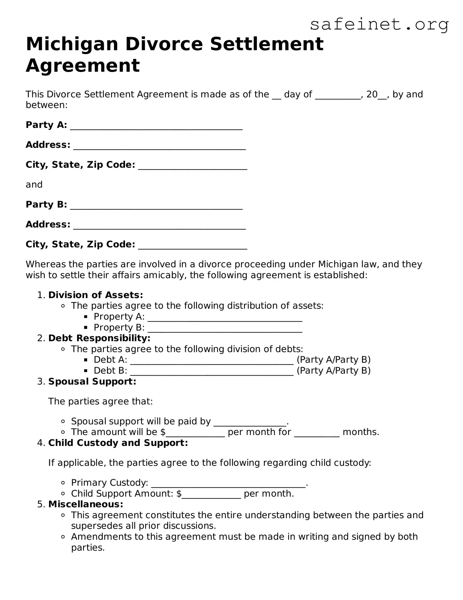 Valid Divorce Settlement Agreement Template for the State of Michigan