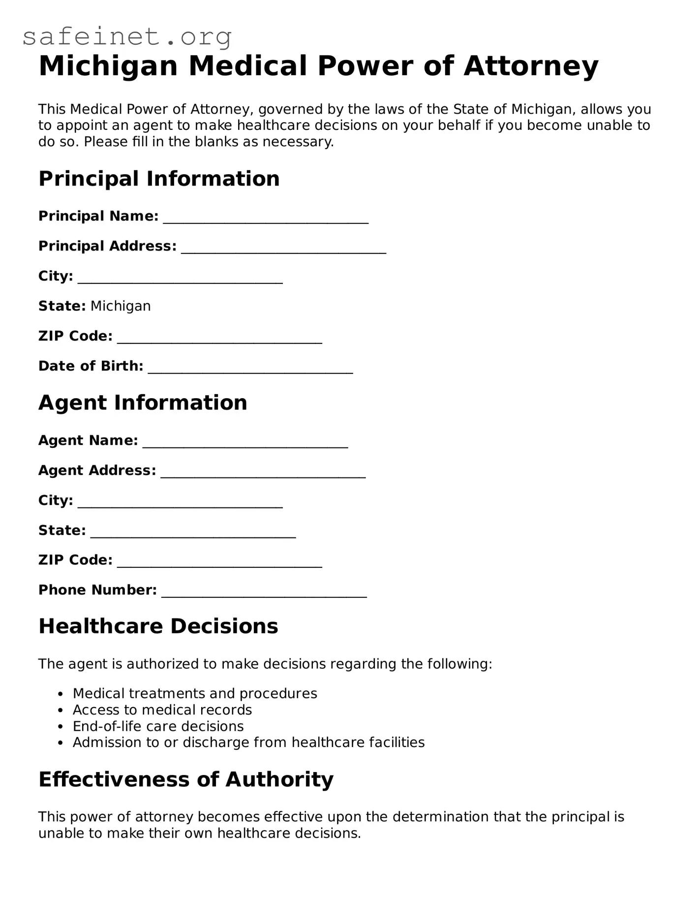 Valid Medical Power of Attorney Template for the State of Michigan