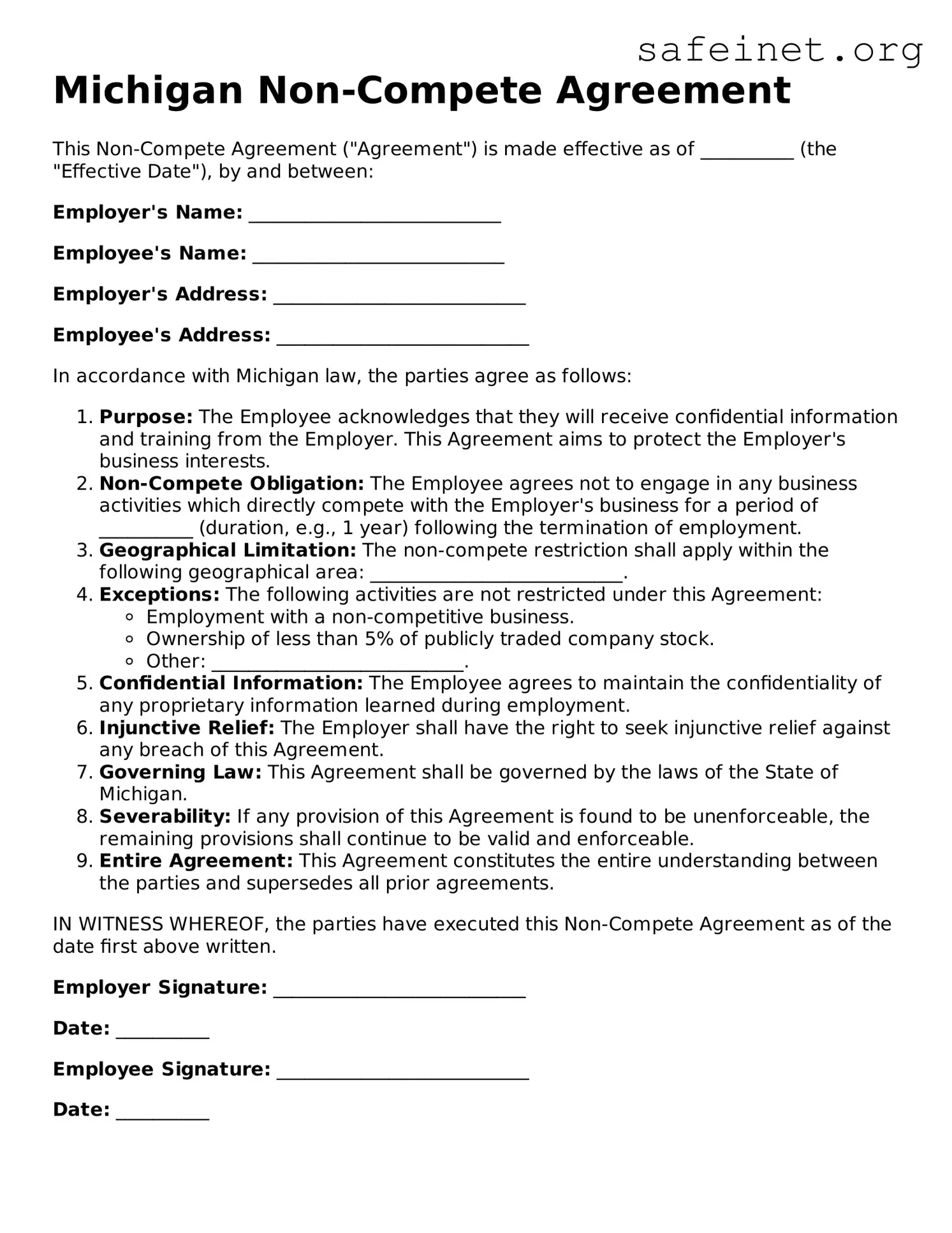Valid Non-compete Agreement Template for the State of Michigan