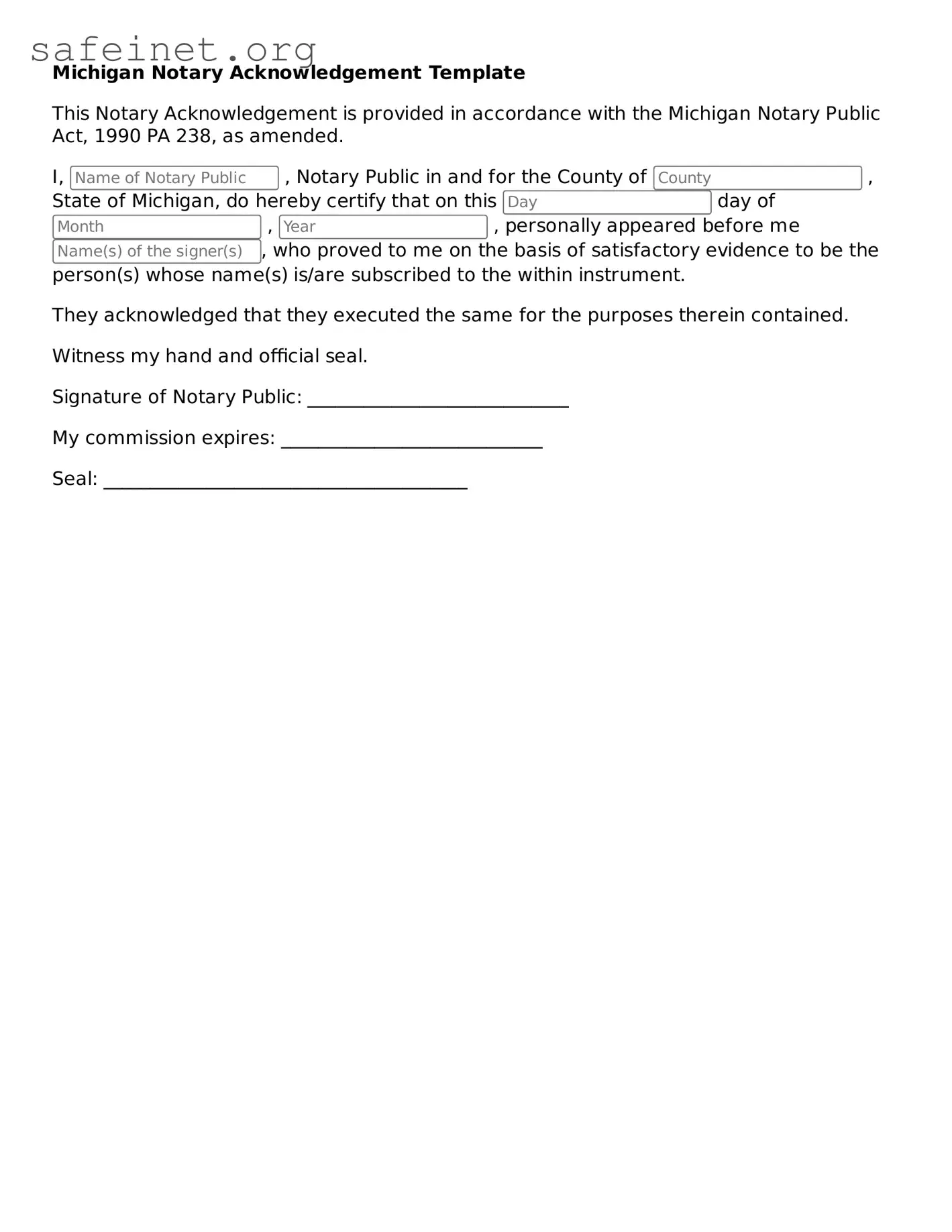 Valid Notary Acknowledgement Template for the State of Michigan