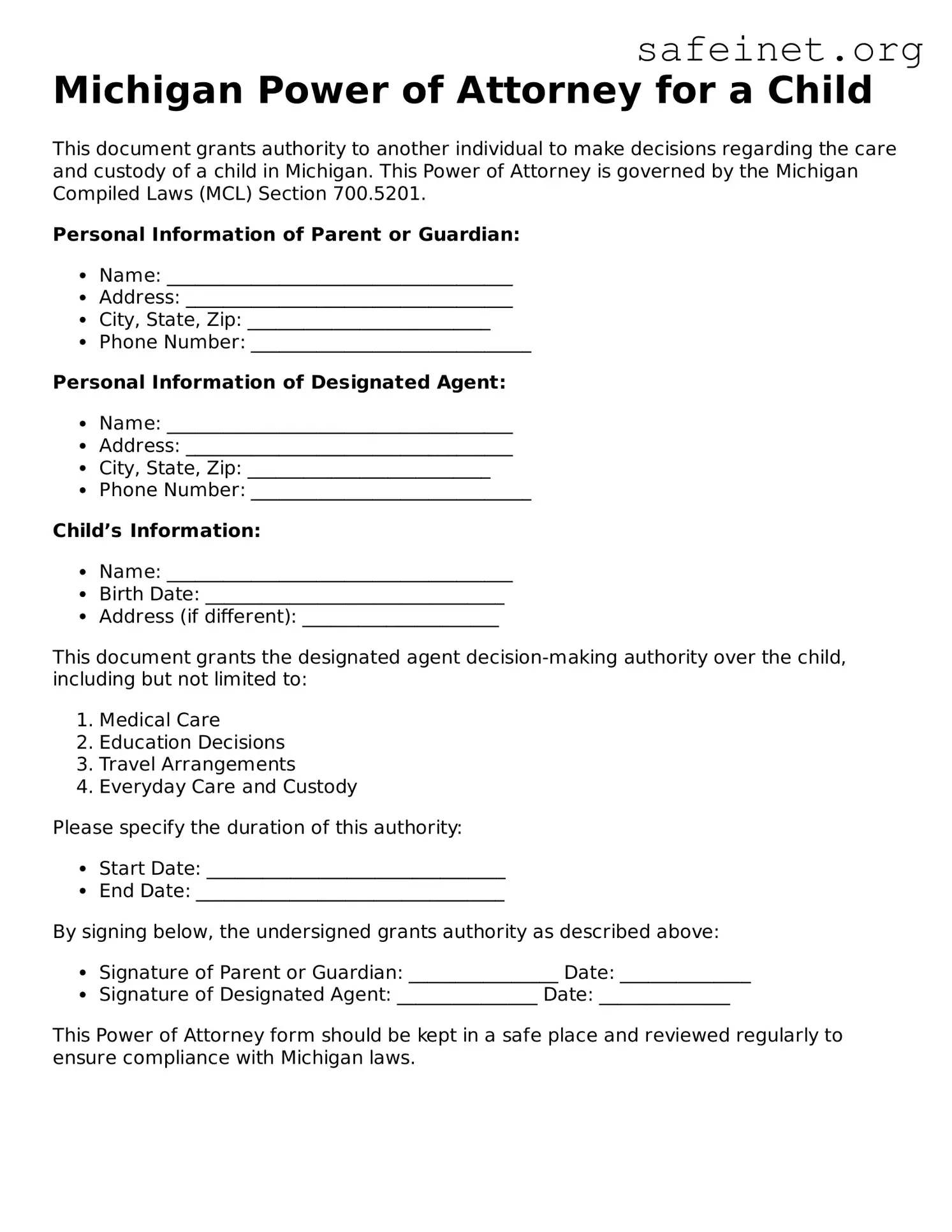 Valid Power of Attorney for a Child Template for the State of Michigan