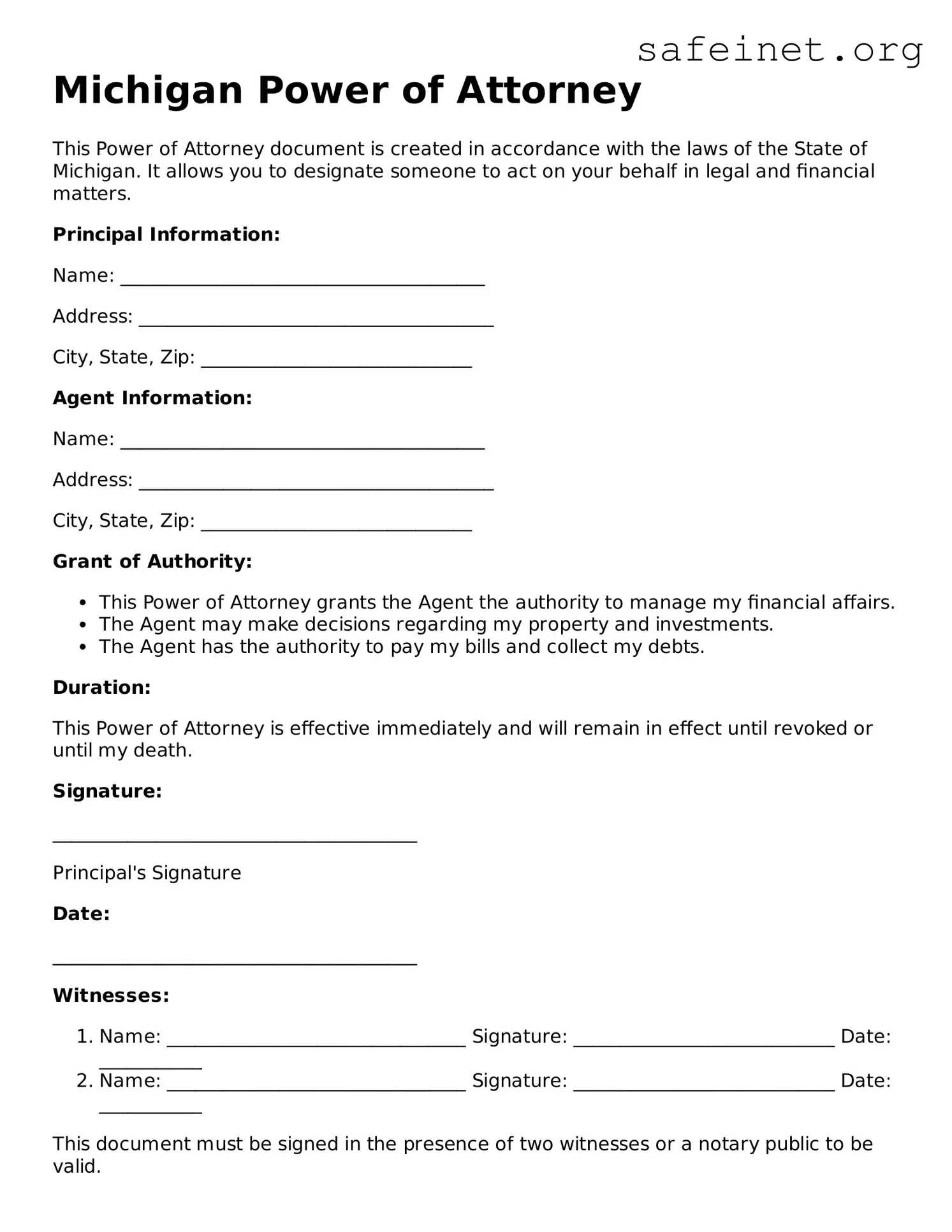 Valid Power of Attorney Template for the State of Michigan