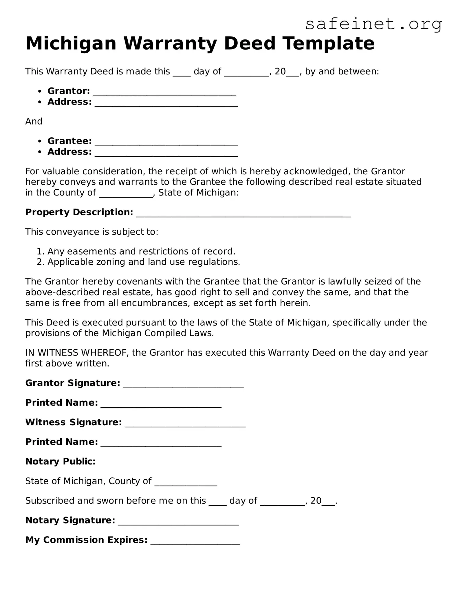 Valid Deed Template for the State of Michigan