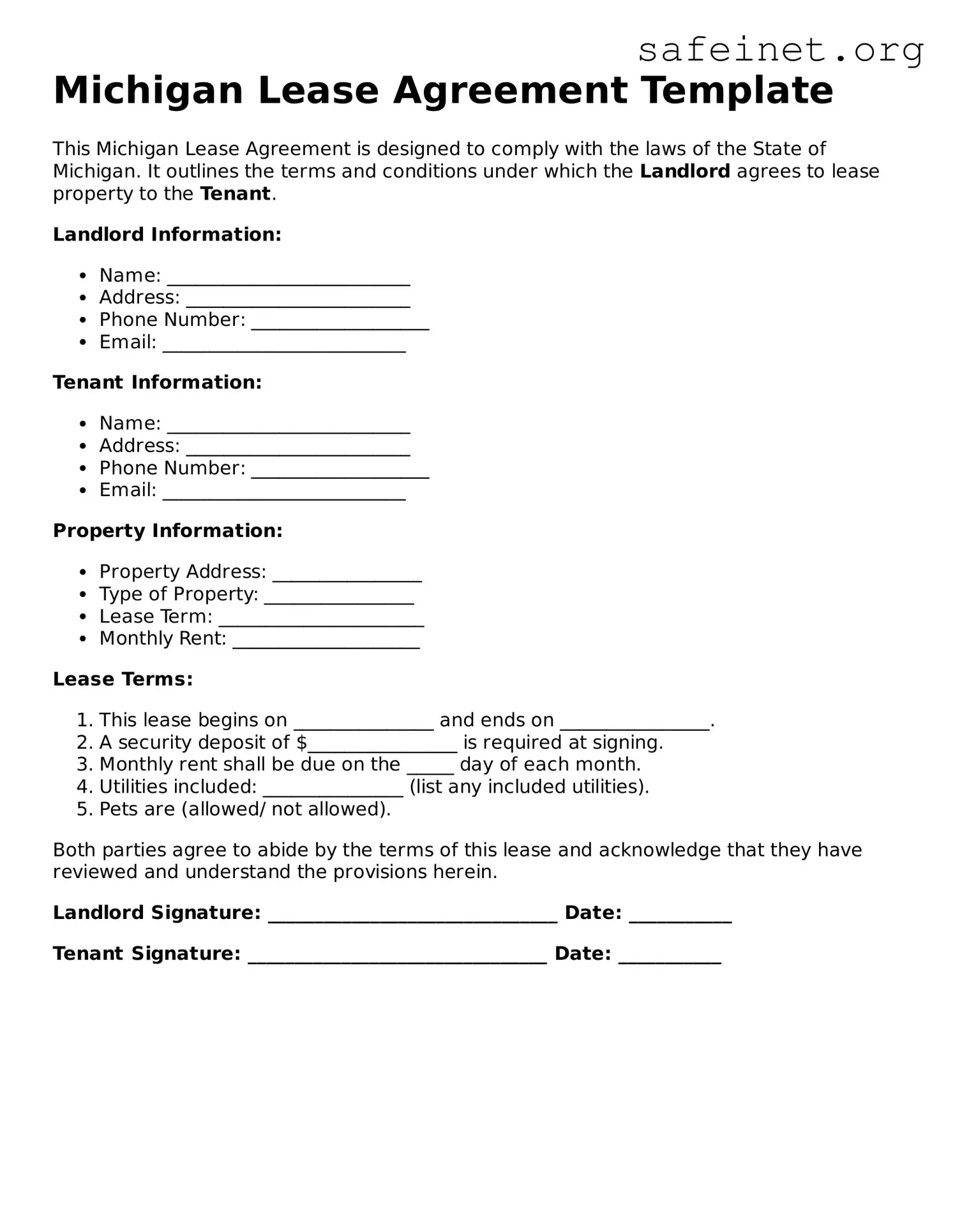 Valid Lease Agreement Template for the State of Michigan