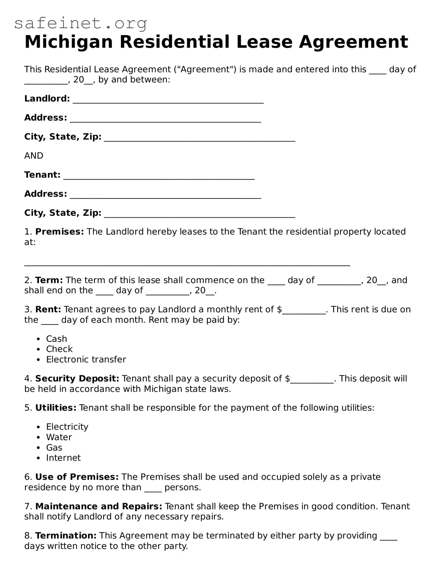 Valid Residential Lease Agreement Template for the State of Michigan