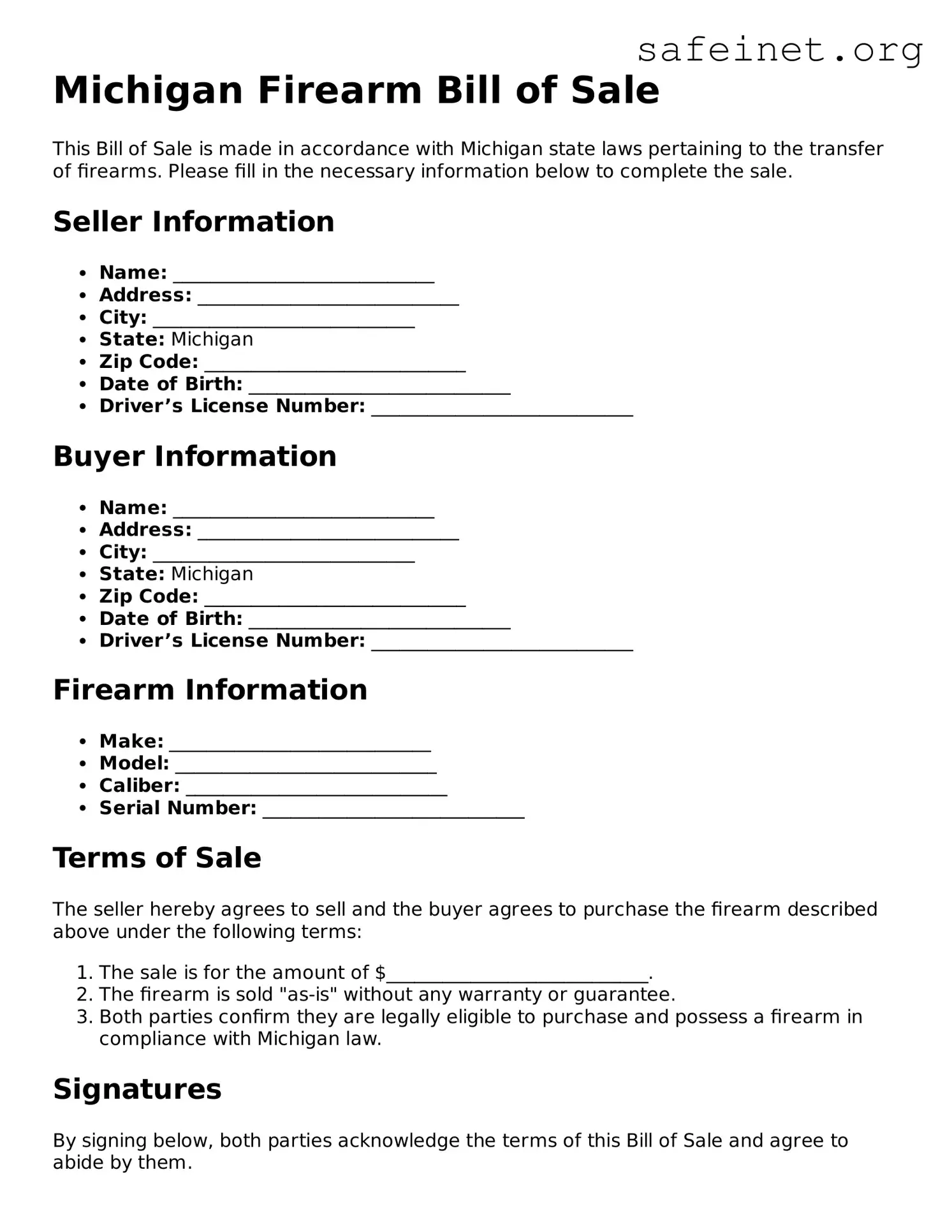 Valid Firearm Bill of Sale Template for the State of Michigan