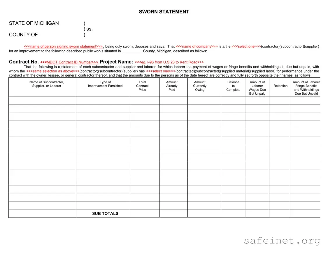 Blank Michigan Sworn Statement Template