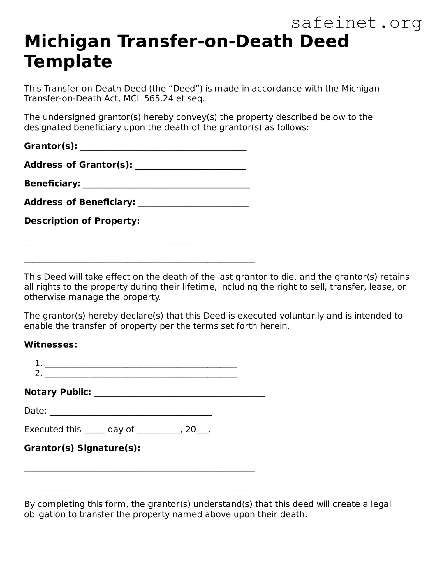 Valid Transfer-on-Death Deed Template for the State of Michigan