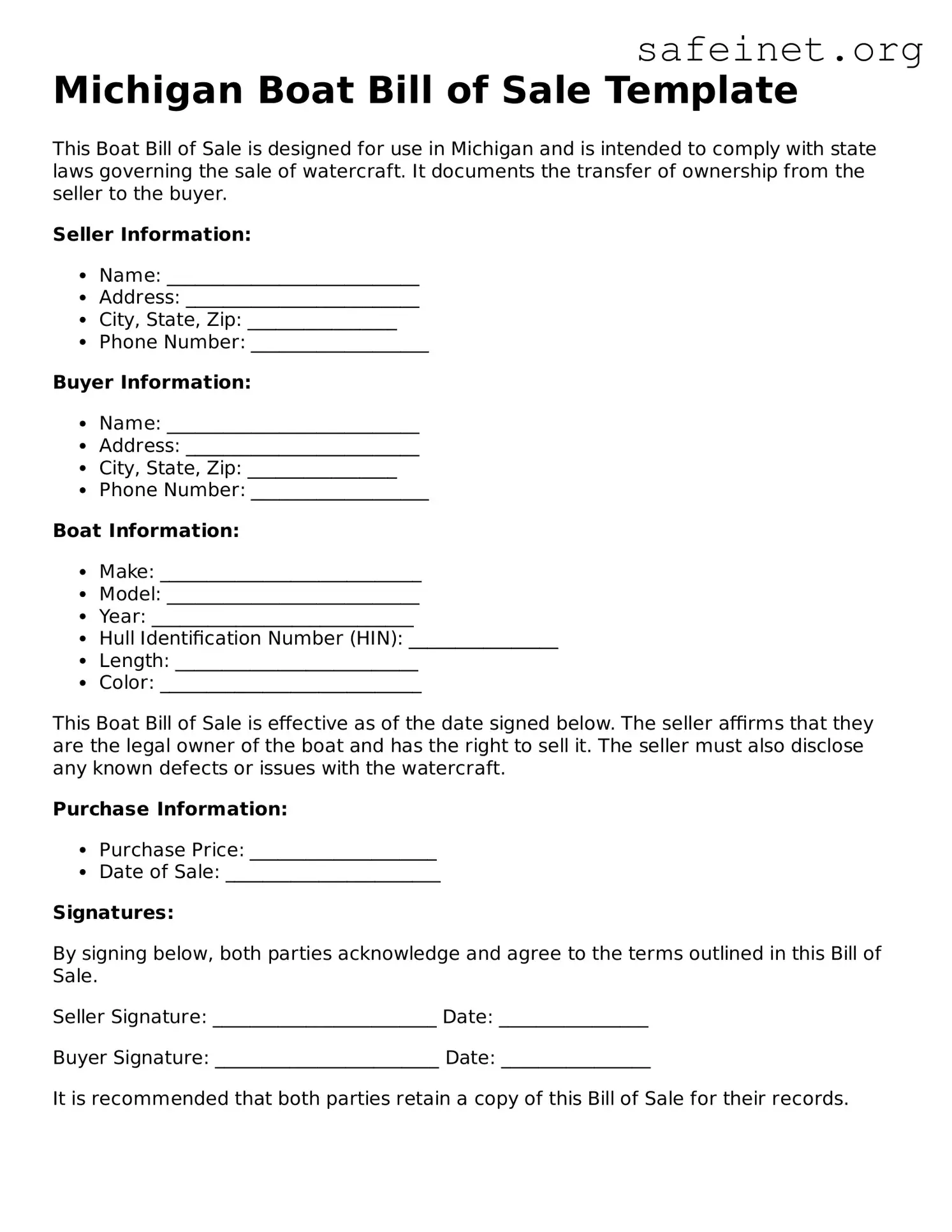 Valid Boat Bill of Sale Template for the State of Michigan