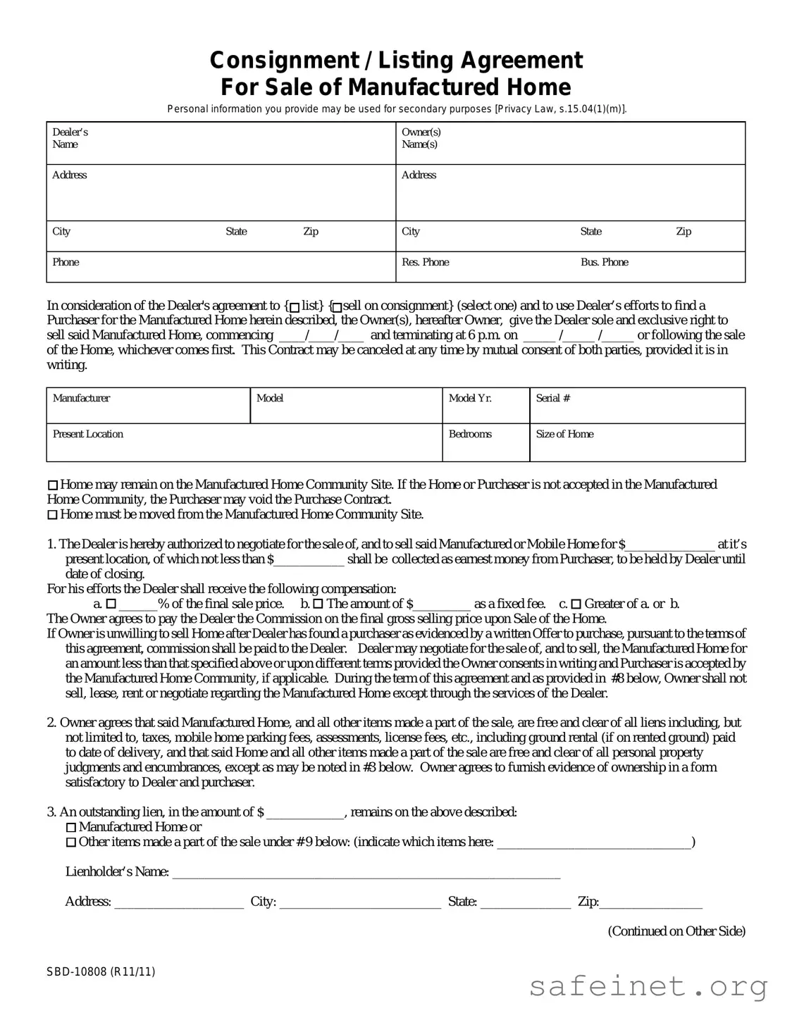 Blank Mobile Home Listing Agreement Template